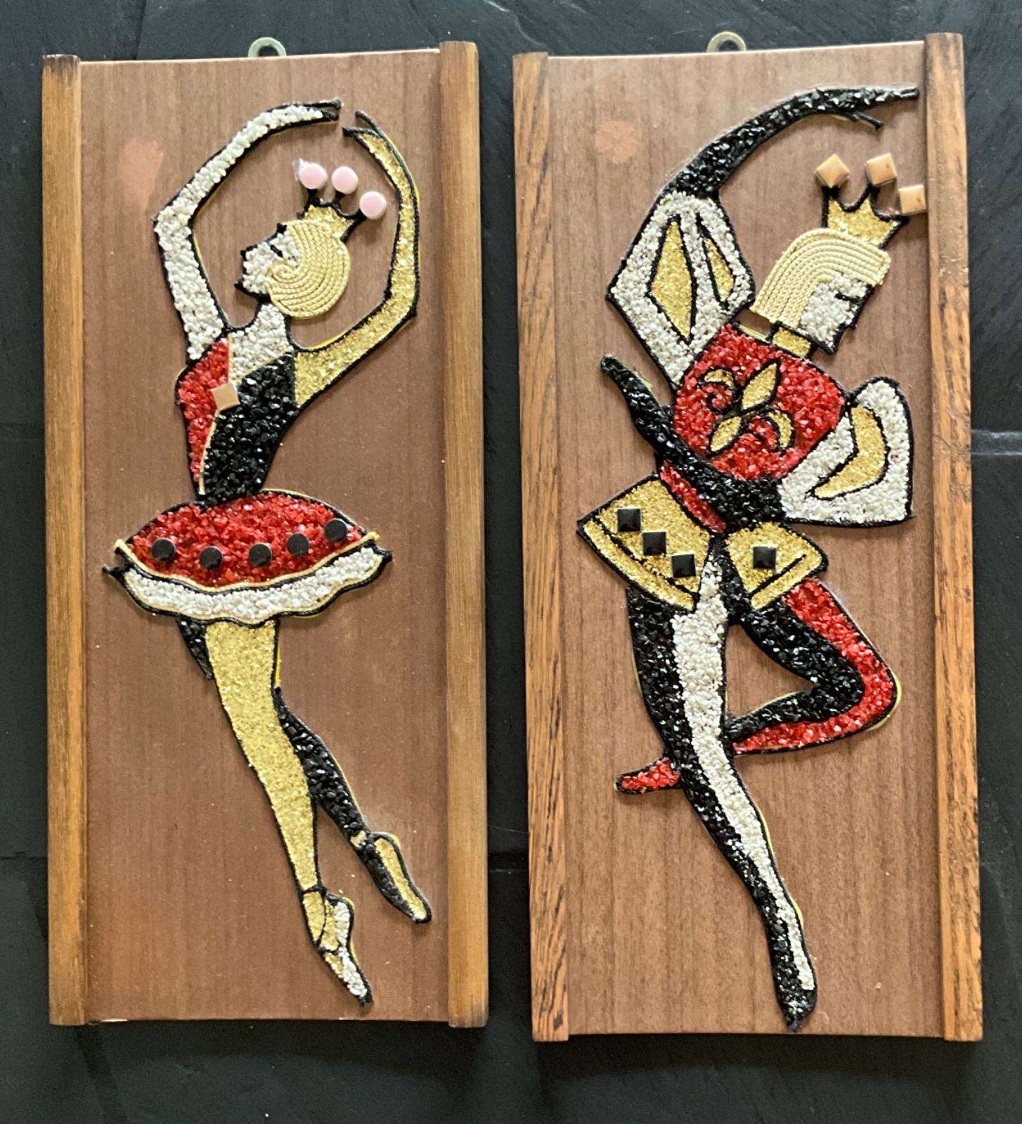 Vintage Pair Harlequin Ballet Dancers Gravel Wall Art Mid Century 1960s