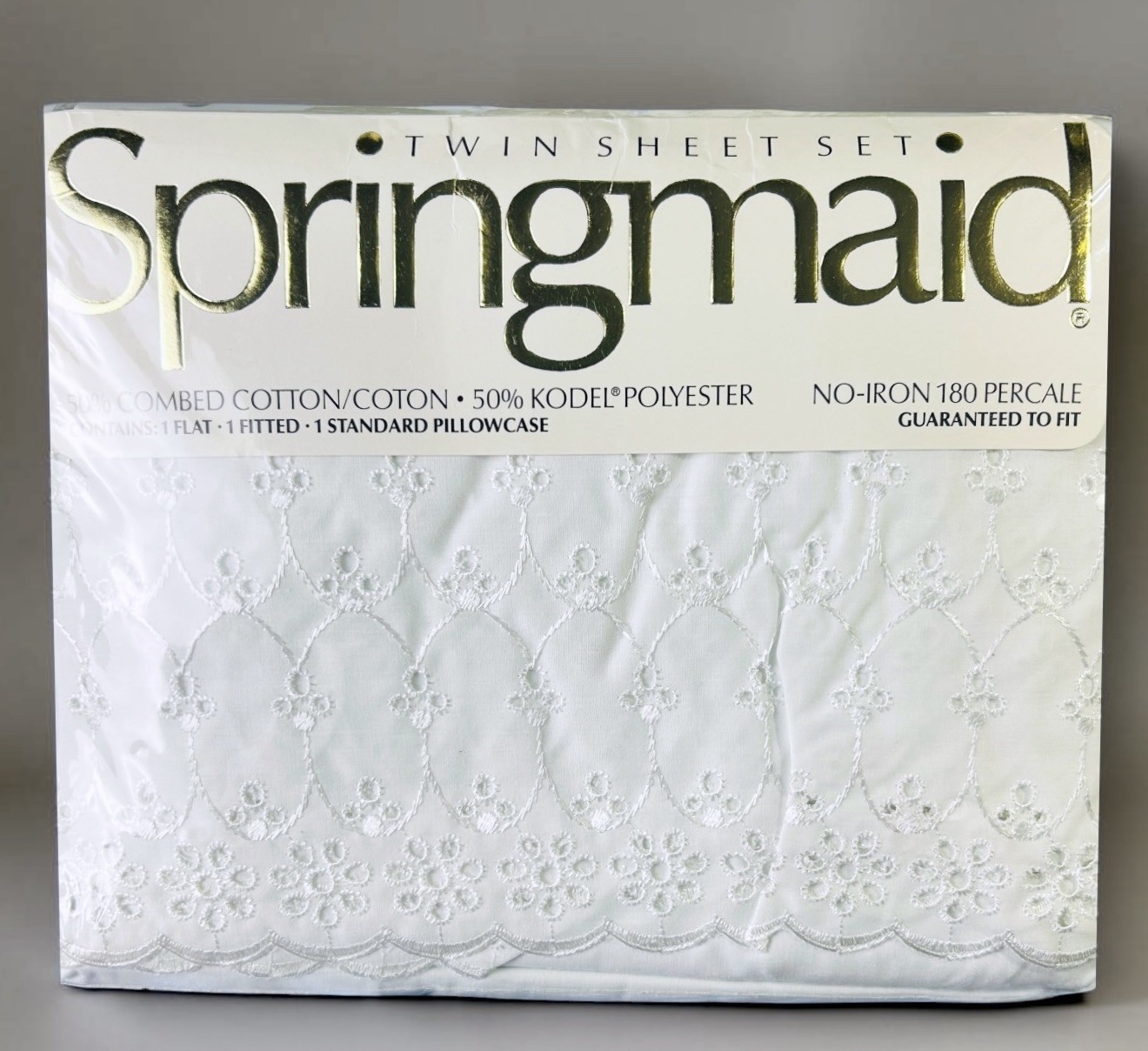 Vintage Springmaid Twin Sheet Set White 3 pc Eyelet Lace Trim Original Packaging