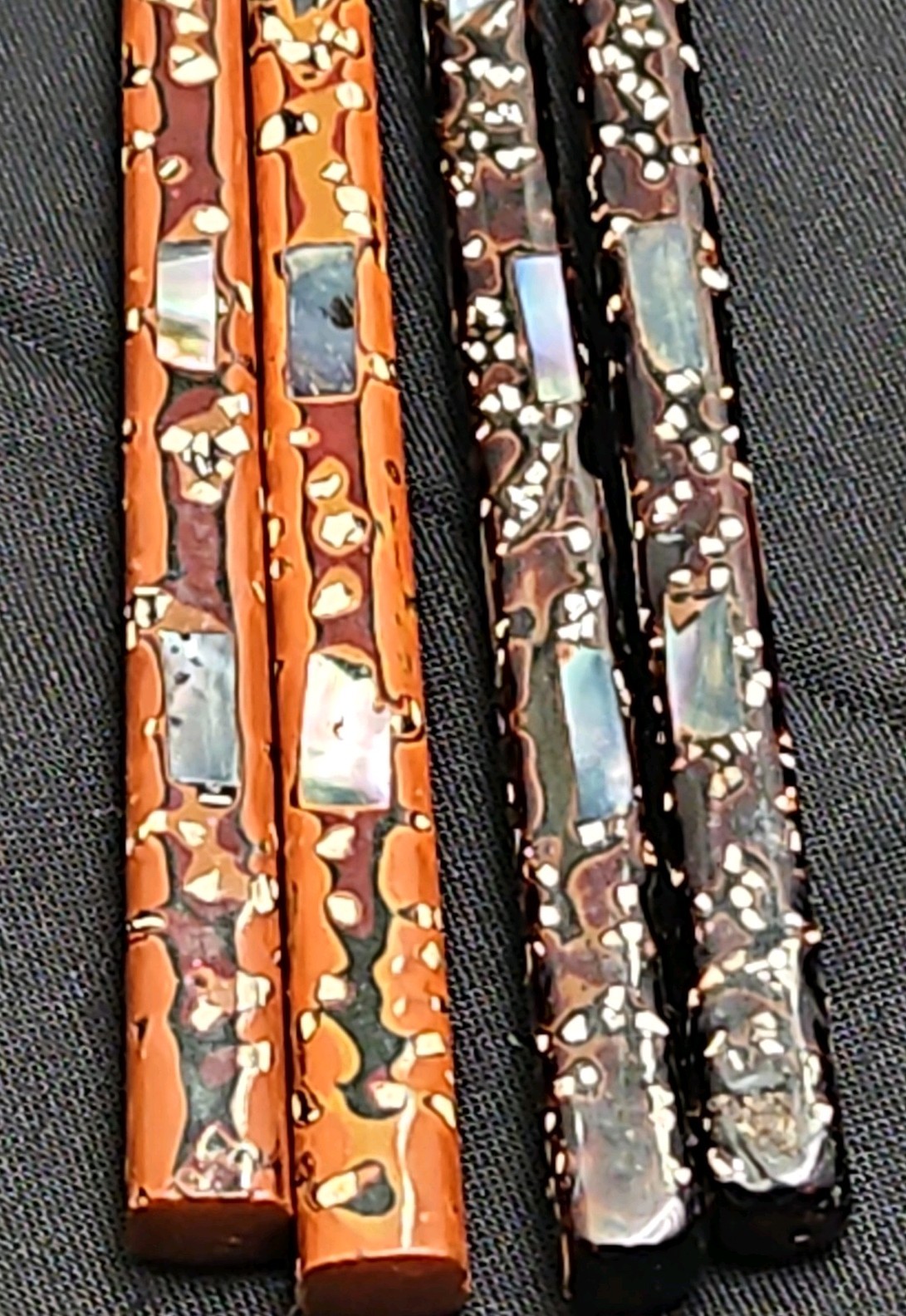 Set of 2 Vintage Wakasa Nuri Japanese Lacquer Chopsticks Inlaid Mother of Pearl