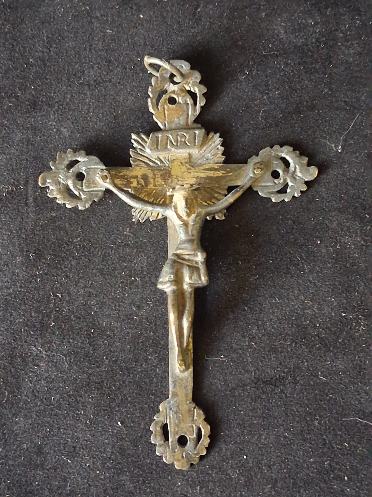 Antique Cast Brass Crucifix Cross INRI Jesus Sunburst Halo Ornate French 2.5x3.5
