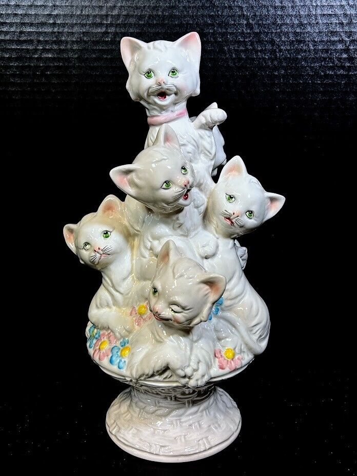 Vintage kittens in a flower basket made in Italy Porcelain 14\