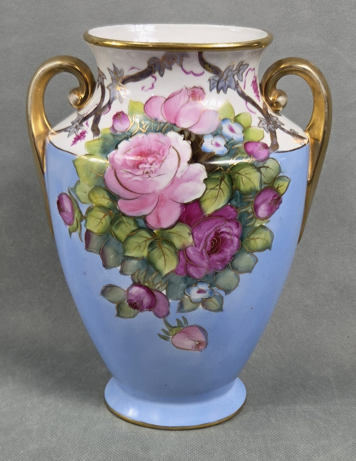 Vintage NORITAKE Wreath M HAND PAINTED Blue PINK ROSES Japan DOUBLE HANDLE VASE