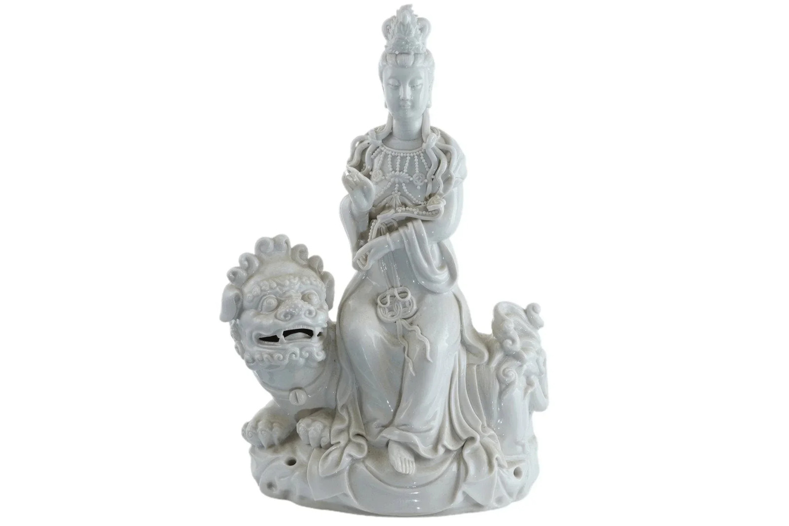 Antique Chinese Blanc de Chine porcelain Guanyin Boddhisattva with Foo Lion Antique Chinese Blanc de Chine porcelain Guanyin Boddhisattva with Foo Lion
