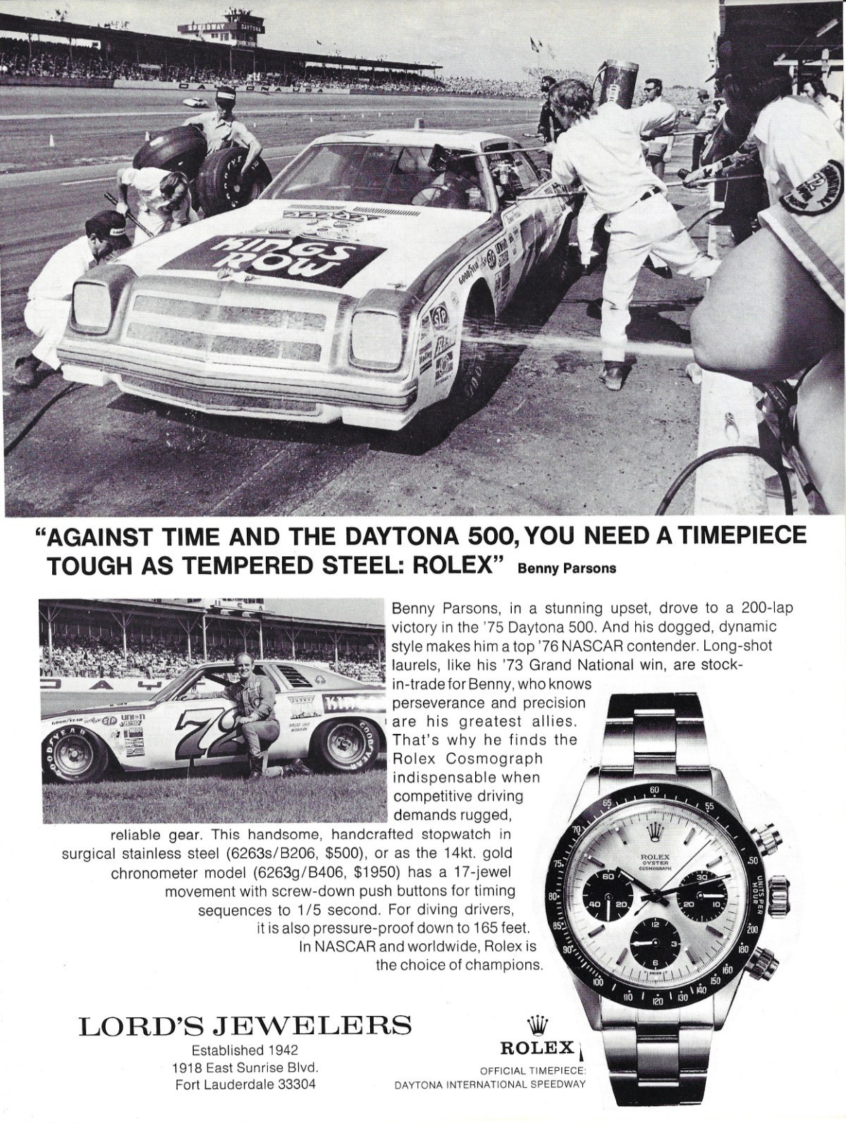 1976 Rolex Cosmograph Daytona 500 Panda Watch NASCAR Parsons VINTAGE PRINT AD