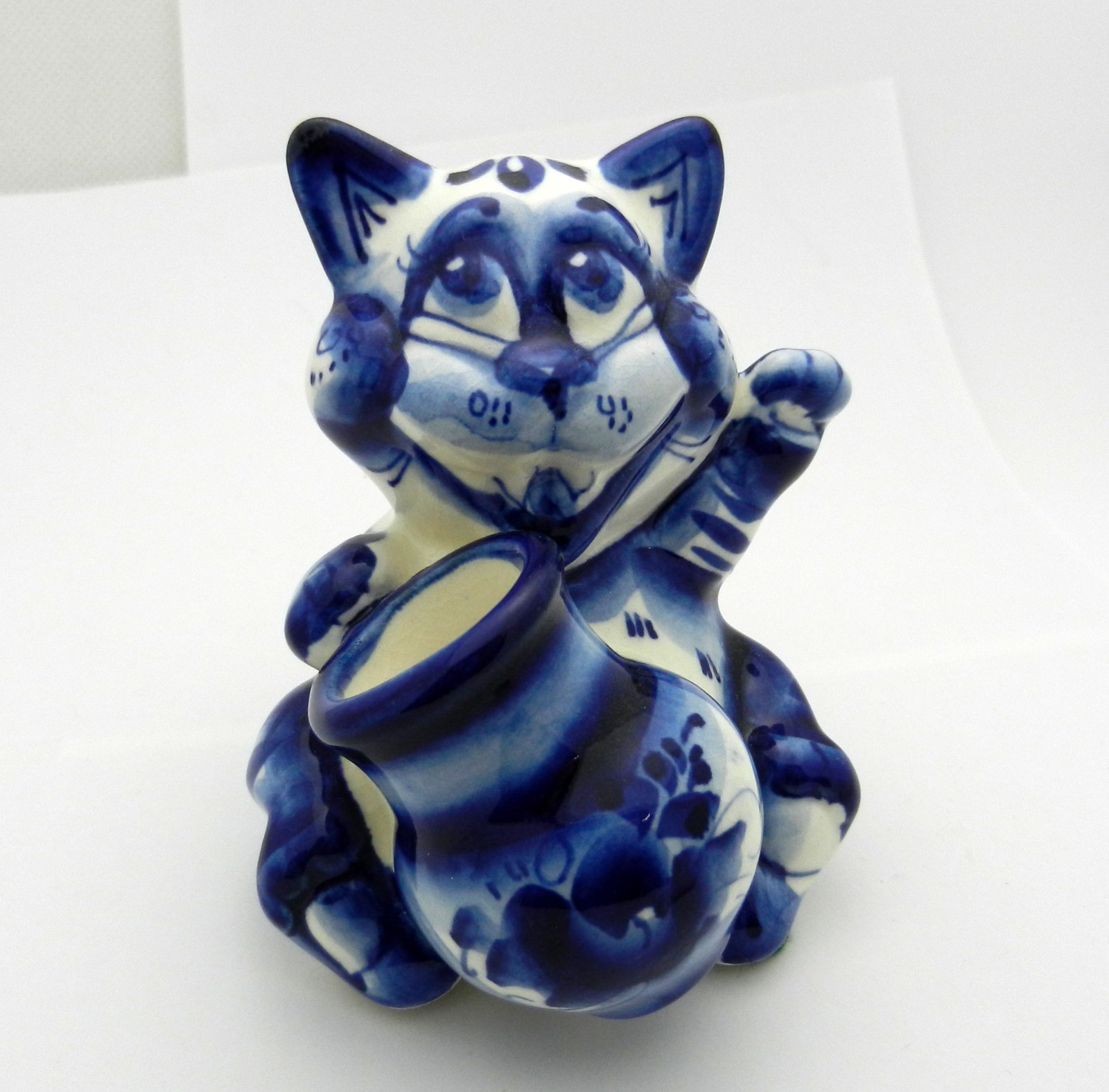 Gzhel Russian Porcelain Kitty Cat Blue Hand Painted Figurine Bud Vase Jug 3.25