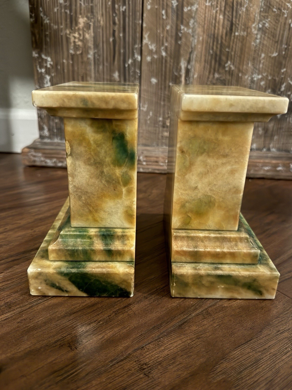 Vintage MCM Italian Alabaster Column Bookends Green Marbled Genuine Label Pair