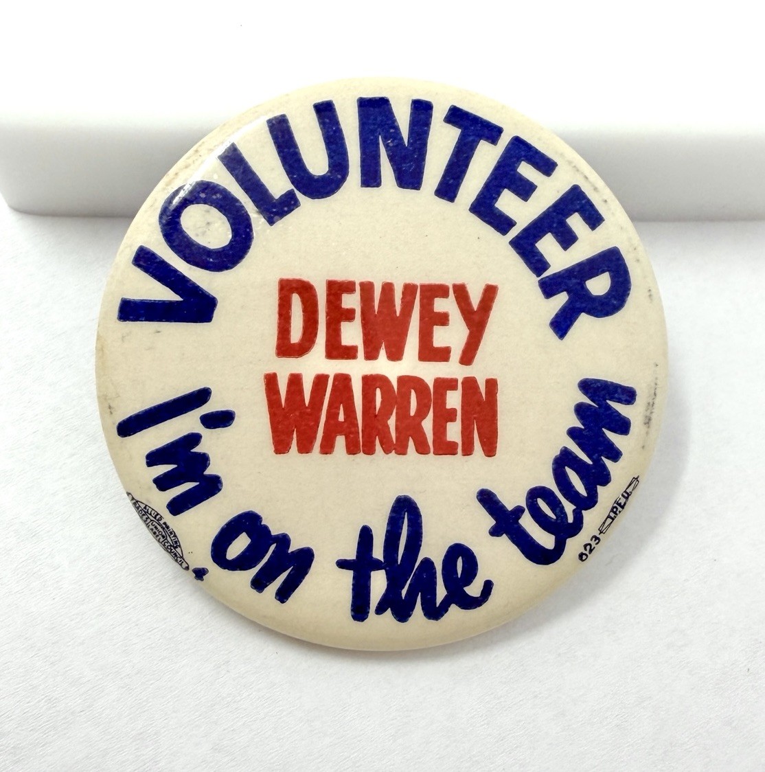 Vintage 1948 DEWEY WARREN Campaign Pin Volunteer On The Team Pinback Button Vintage 1948 DEWEY WARREN Campaign Pin Volunteer On The Team Pinback Button