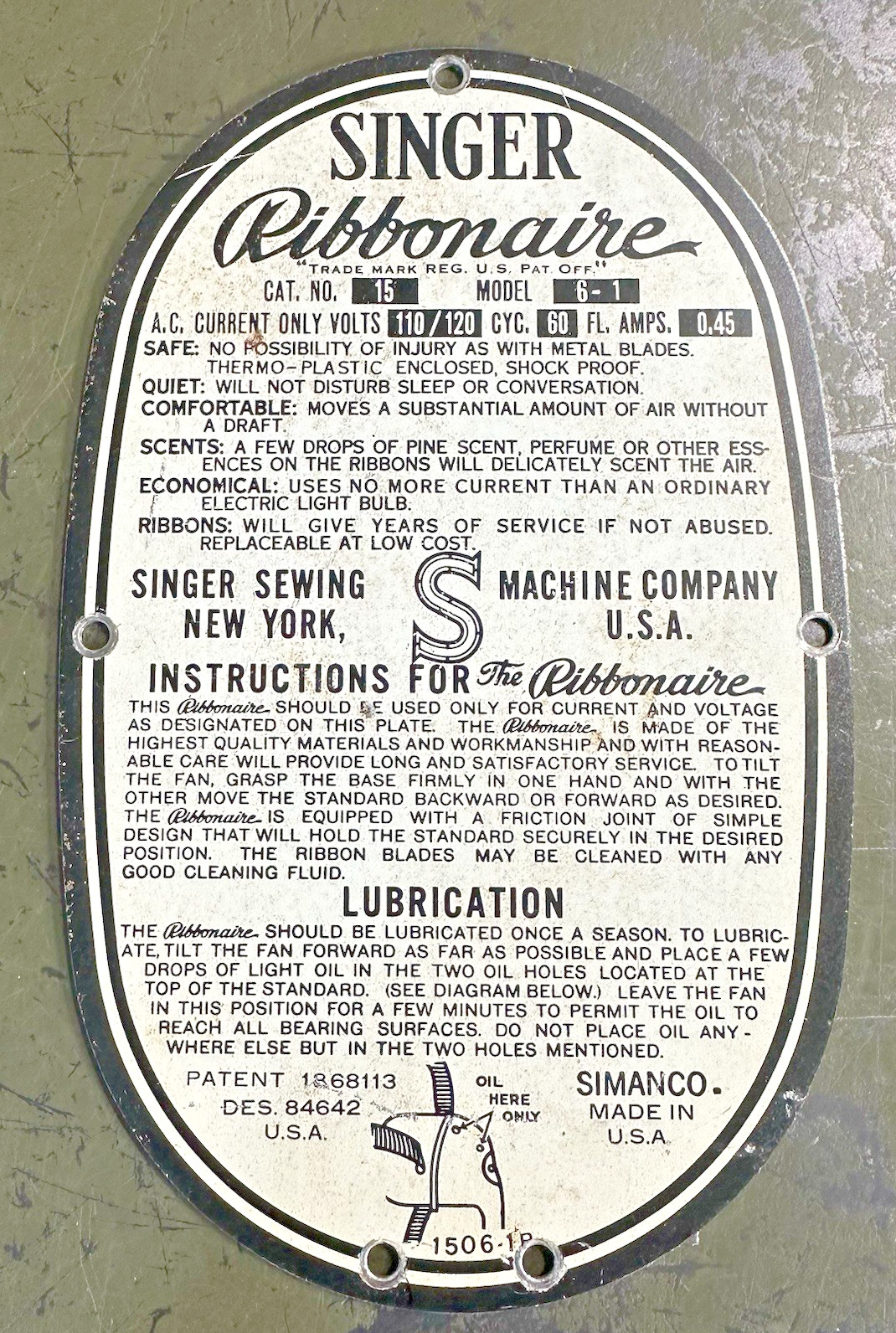 Original Singer Ribbonaire Bottom Cover Instructional Panel