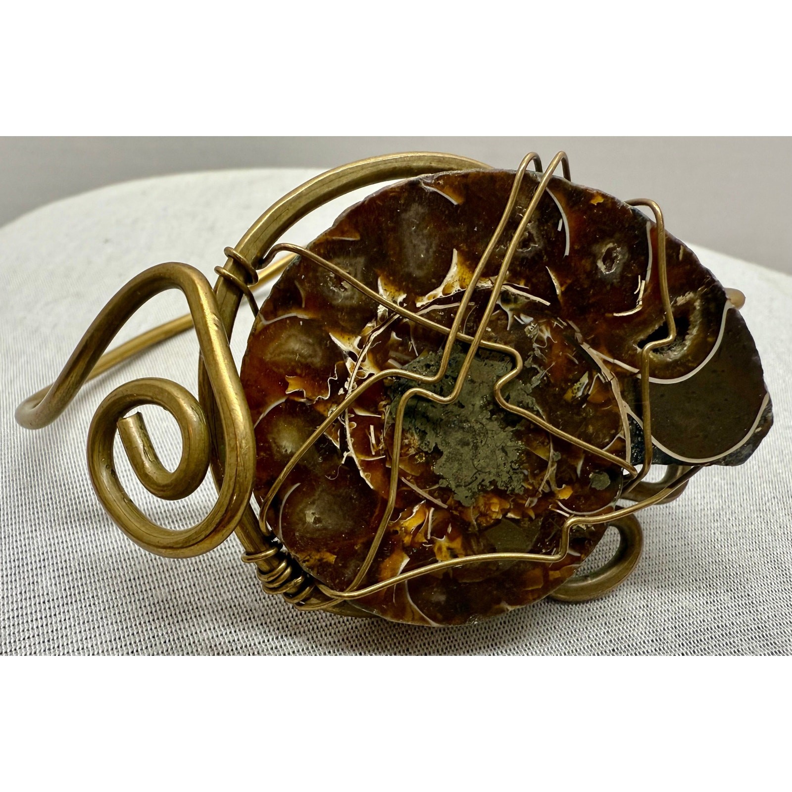 Vintage 1970s Ammonite Fossilized Shell & Brass Artisan Bracelet