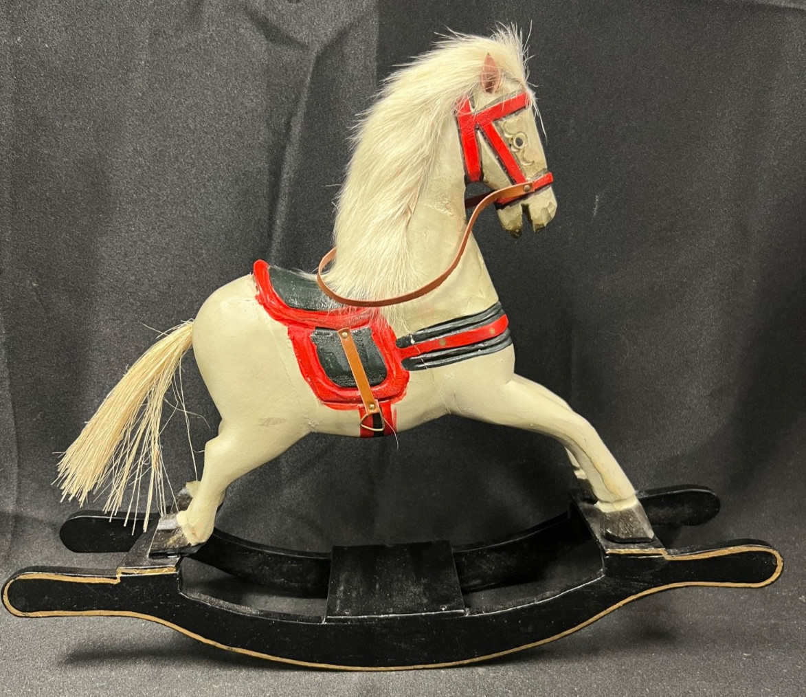 White Carved Vintage Wooden Rocking Wonder Horse With Natural Rabbit Fur White Carved Vintage Wooden Rocking Wonder Horse With Natural Rabbit Fur