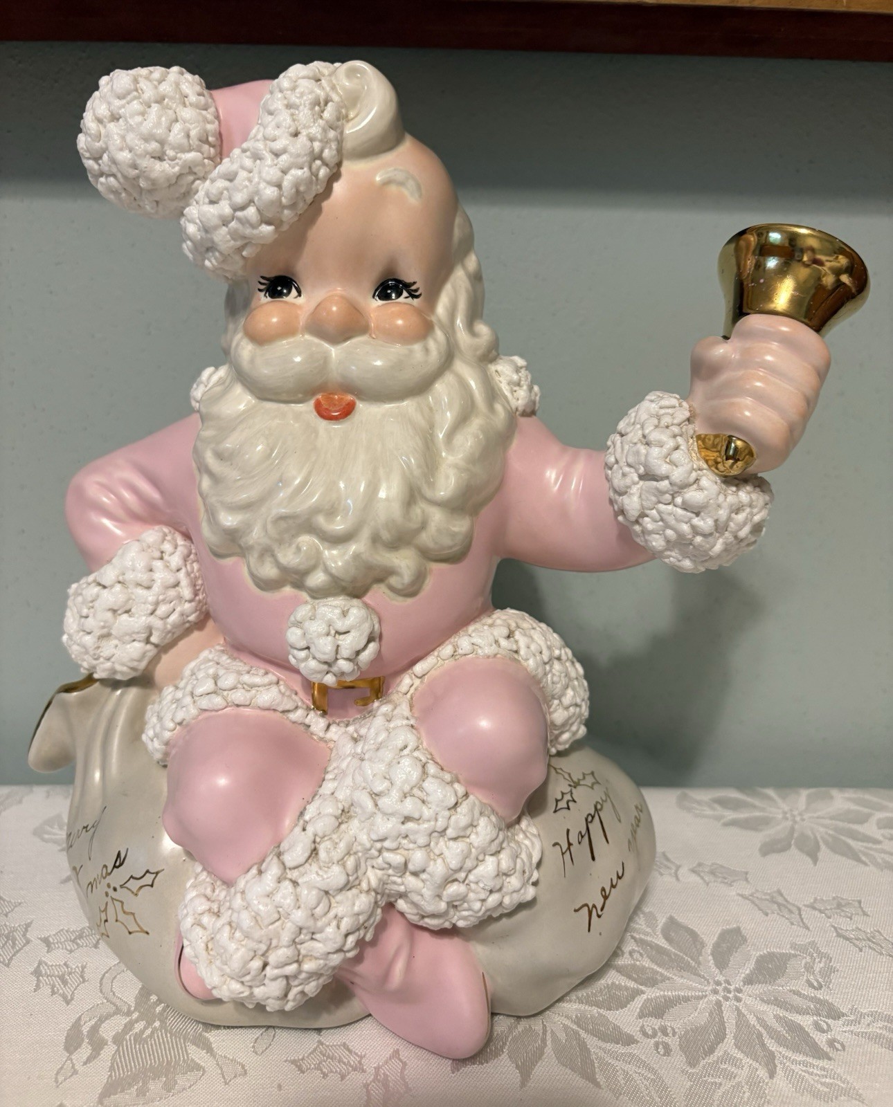 Vtg RARE PINK Atlantic Mold Ceramic Santa Claus Toy Bag Bell Christmas Musical Vtg RARE PINK Atlantic Mold Ceramic Santa Claus Toy Bag Bell Christmas Musical