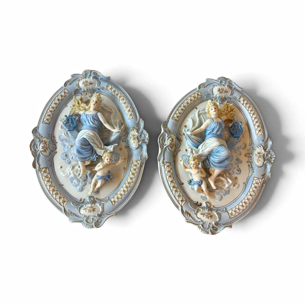 Pair Vintage Oval Ceramic Angel Cherub Wall Plaques Relief Blue Gold Pair Vintage Oval Ceramic Angel Cherub Wall Plaques Relief Blue Gold
