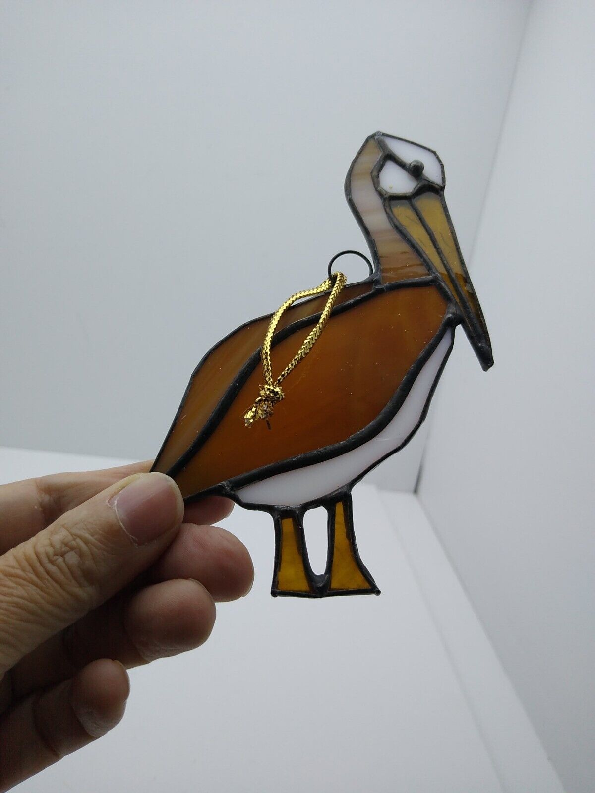Vintage Leaded Stained Glass Ornament Sun Catcher Pelican Bird 4.75x3.50