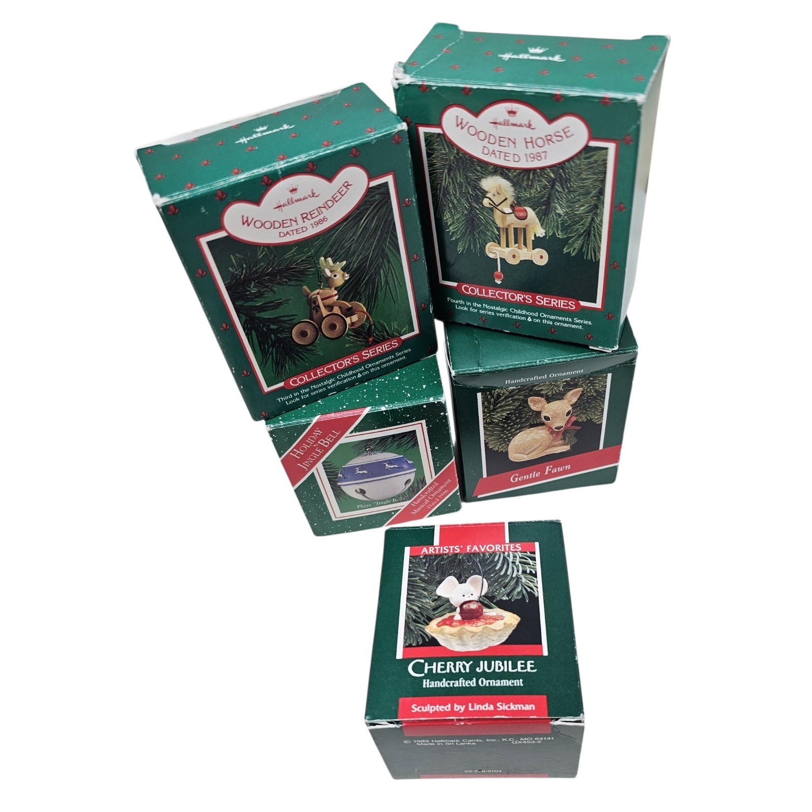 Lot of 5 Vintage Hallmark Keepsake Ornaments 1986-89 Wooden Horse Reindeer Mouse