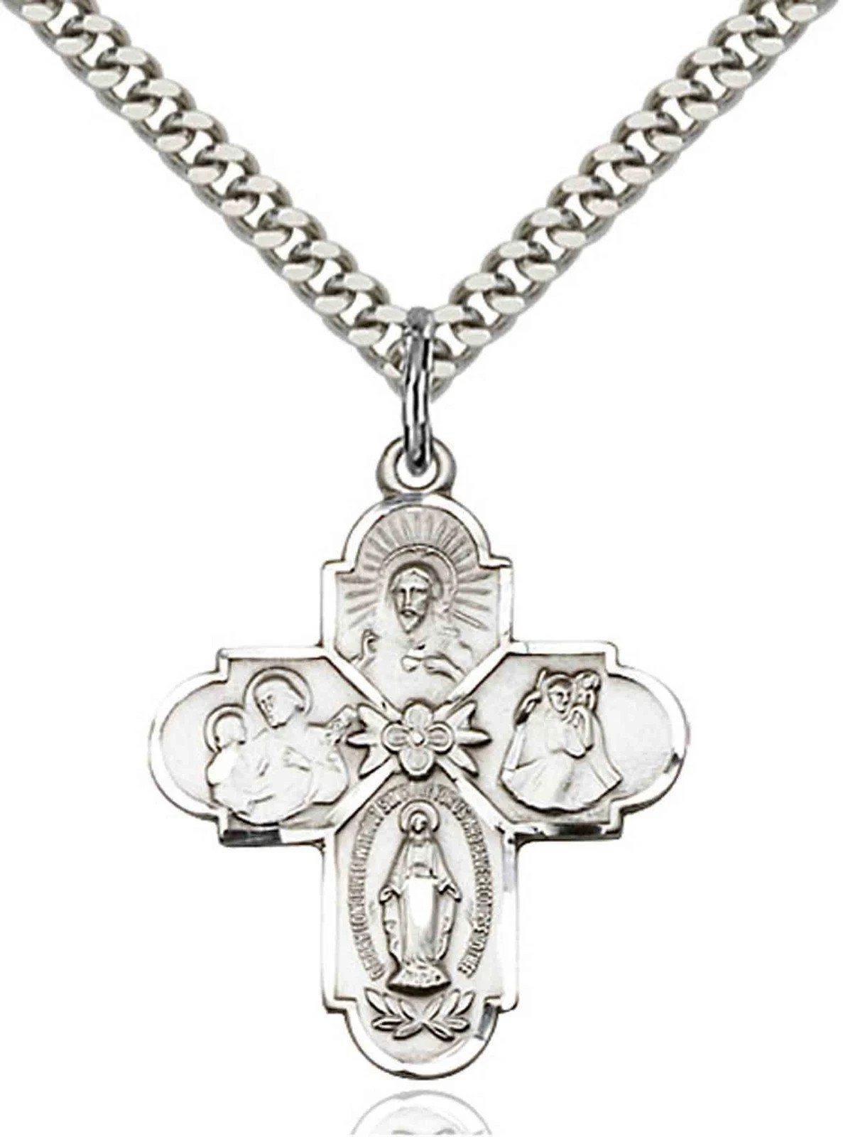 Pewter 4-Way Catholic Holy Medal Pendant Necklace 24