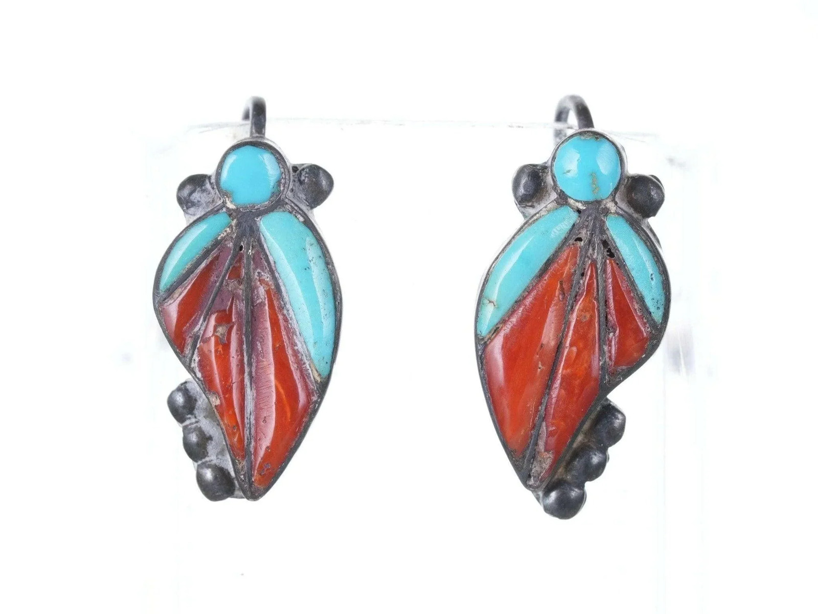 c1940's Native American Sterling turquoise/coral channel inlay screw back earrin