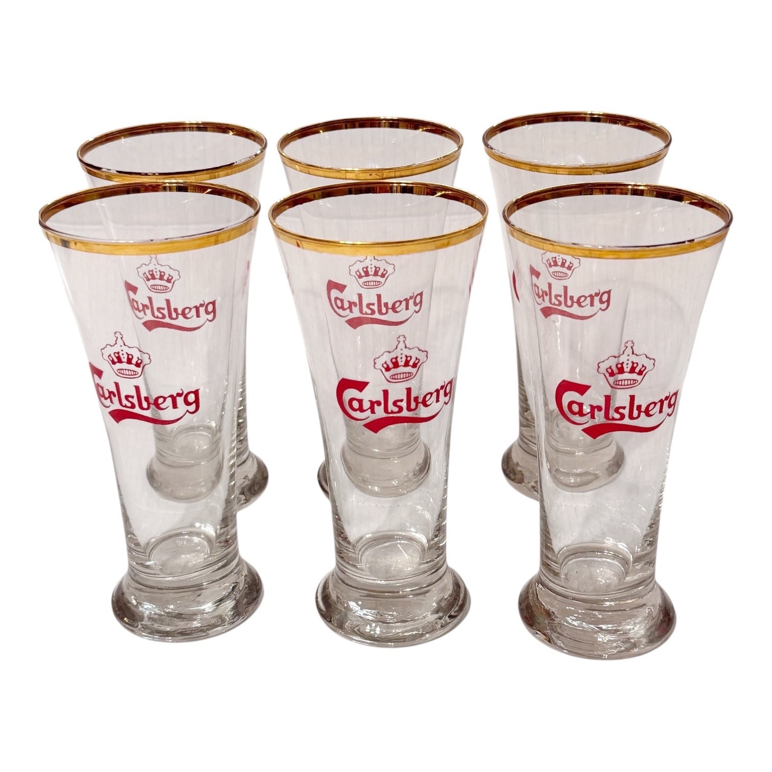 x6 Vtg Carlsberg Crown Beer Bar Glasses Gold Rim Pilsner Flute Red Logo 7\