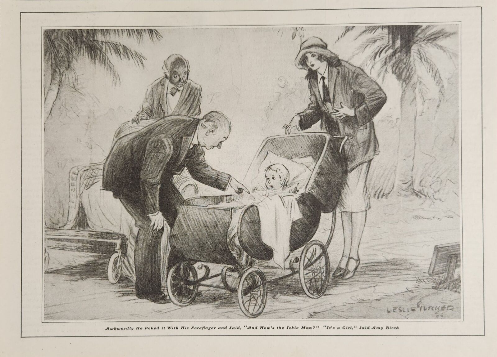 1925 Magazine Picture Mom Pushes Baby in Carriage Illustrated by Leslie Turner