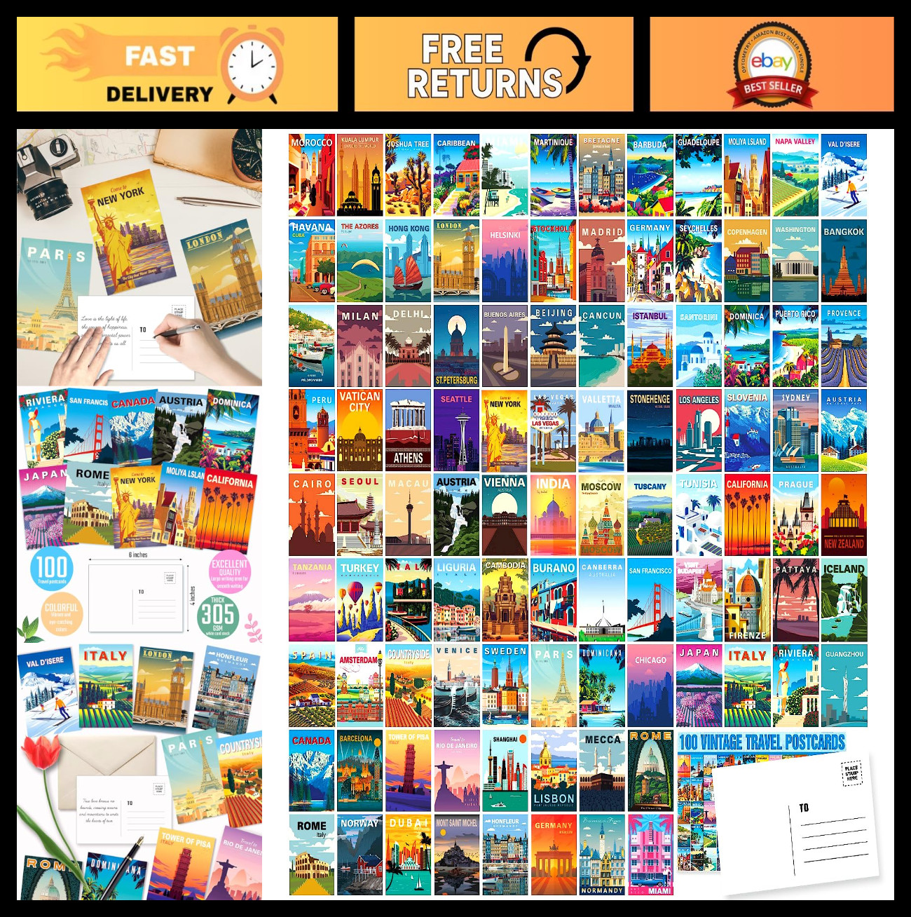 100 Vintage Travel Postcards Set - World Famous City Illustrations, 4x6 Travel D 100 Vintage Travel Postcards Set - World Famous City Illustrations, 4x6 Travel D