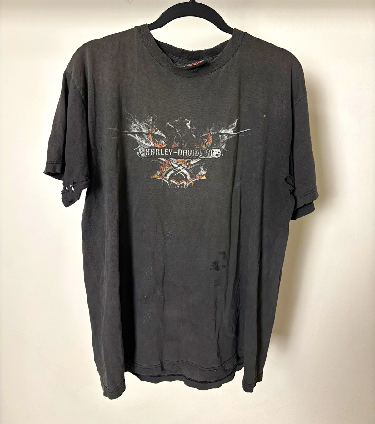 Vintage Harley Davidson T Shirt Large Thrashed Faded Black Barre VT Wilkins