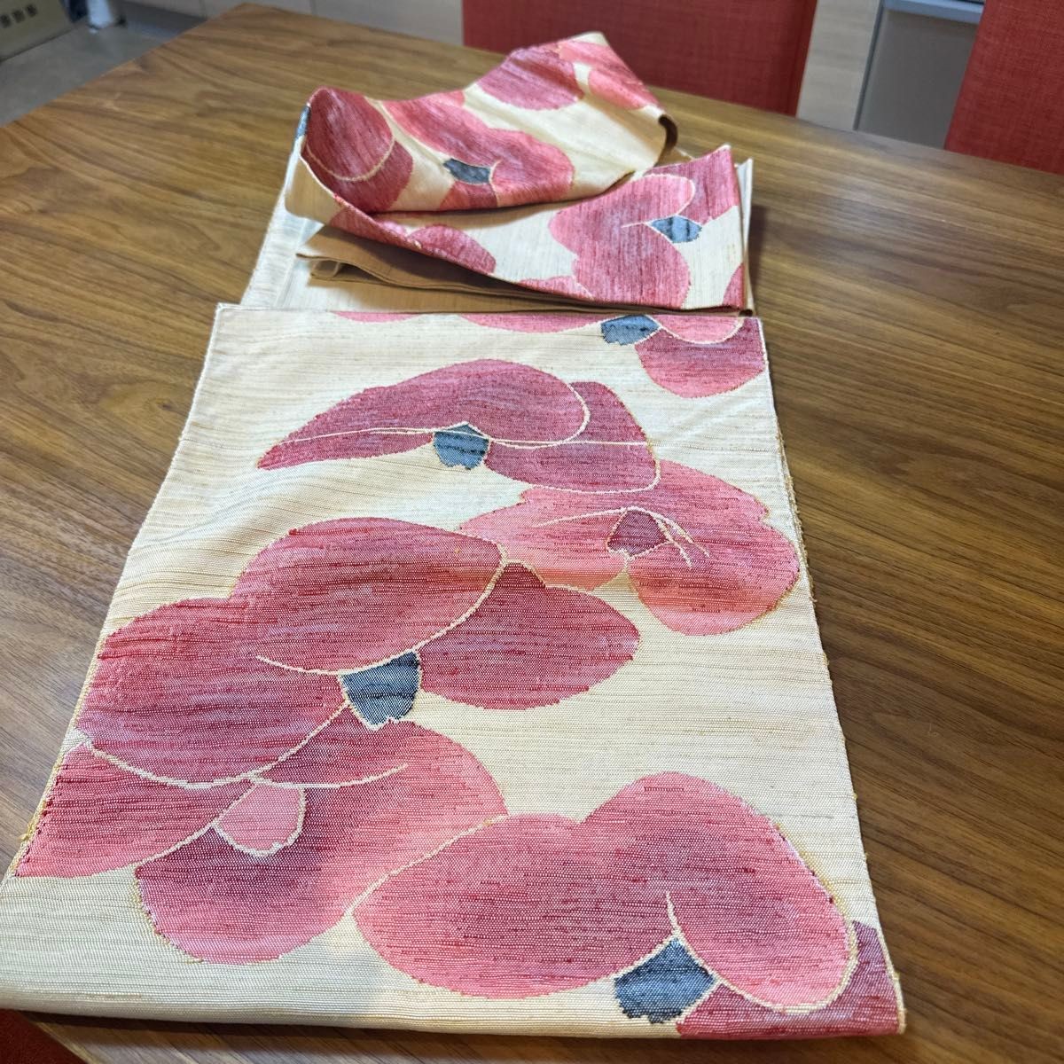 Obi Kimono Nagoya pongee fabric floral pattern orange beige casual camellia