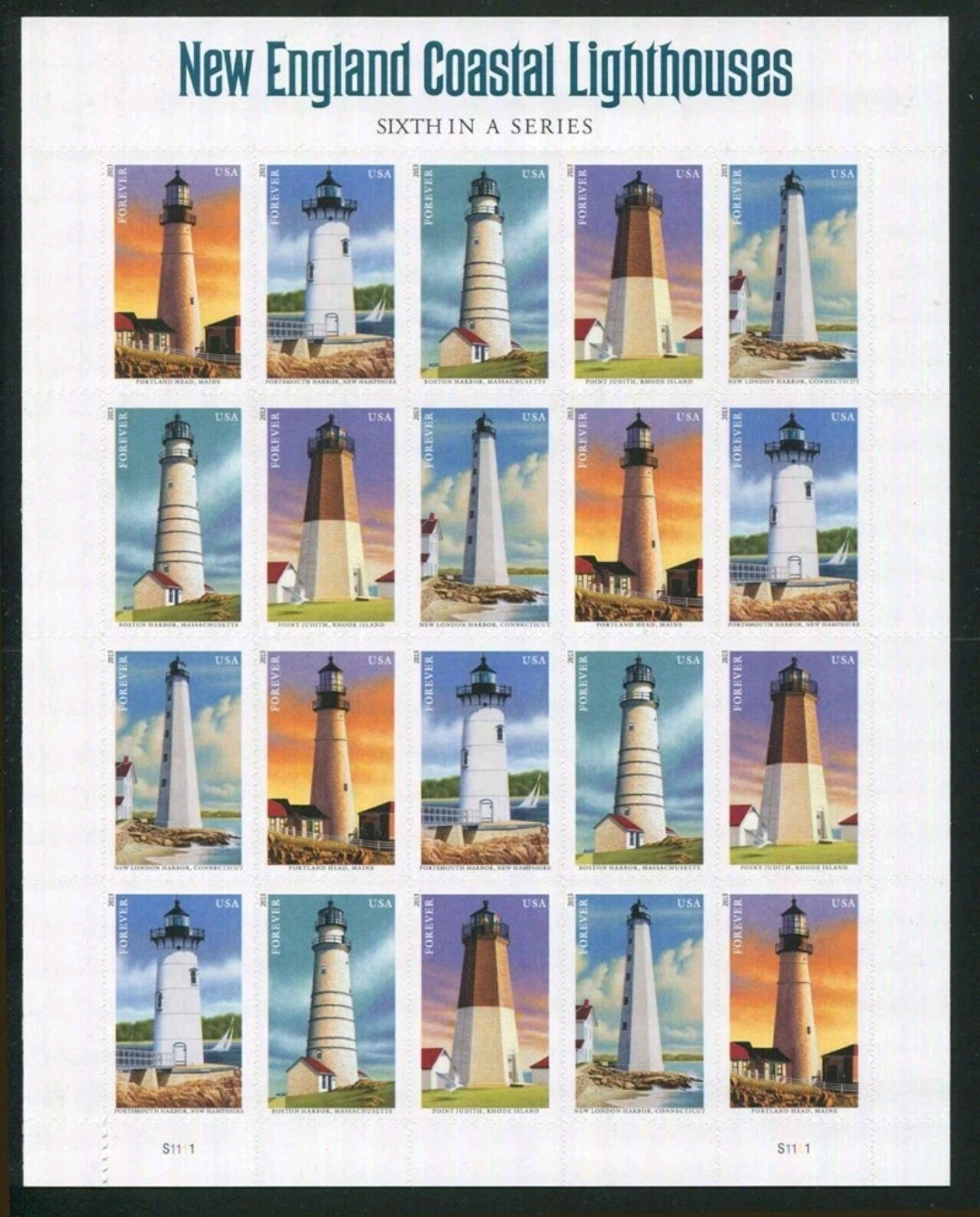 USPS 2013 New England Coastal Lighthouses Forever Stamps Sheet of 20 USPS 2013 New England Coastal Lighthouses Forever Stamps Sheet of 20