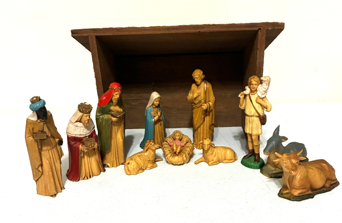 Vintage Nativity 12 Piece Set with Creche Made in Hong Kong Holy Family 1960's