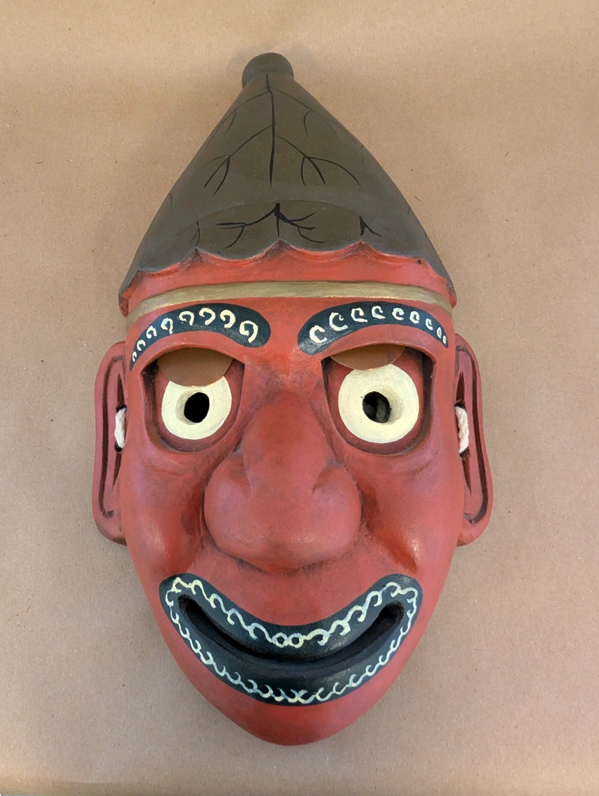 Handmade Signed Korean Mask, Carved And Painted Wooden Figure, Moveable Eyelids