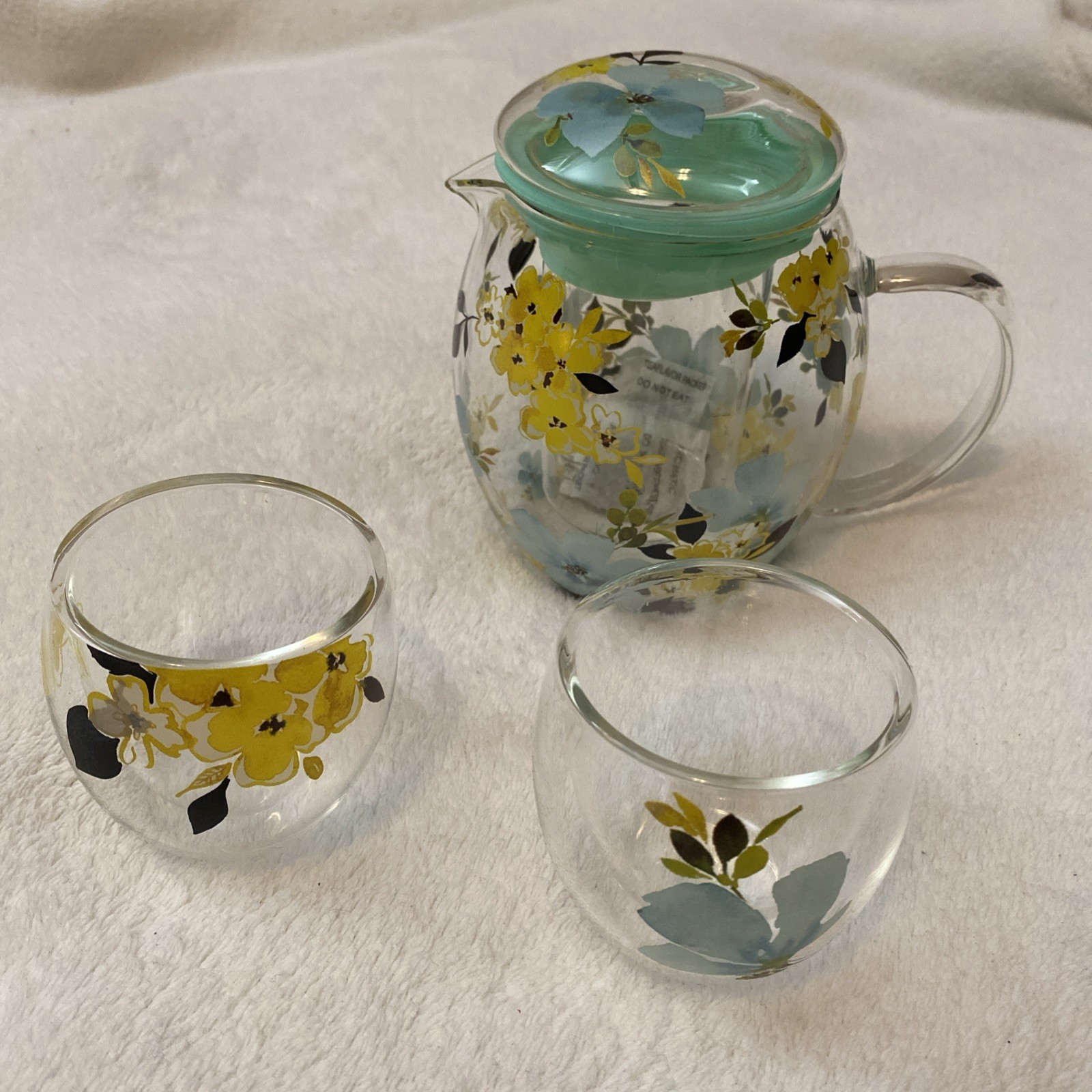 Vintage Cypress Refresh Glass Teapot Infuser  And Two Cups HandPainted New