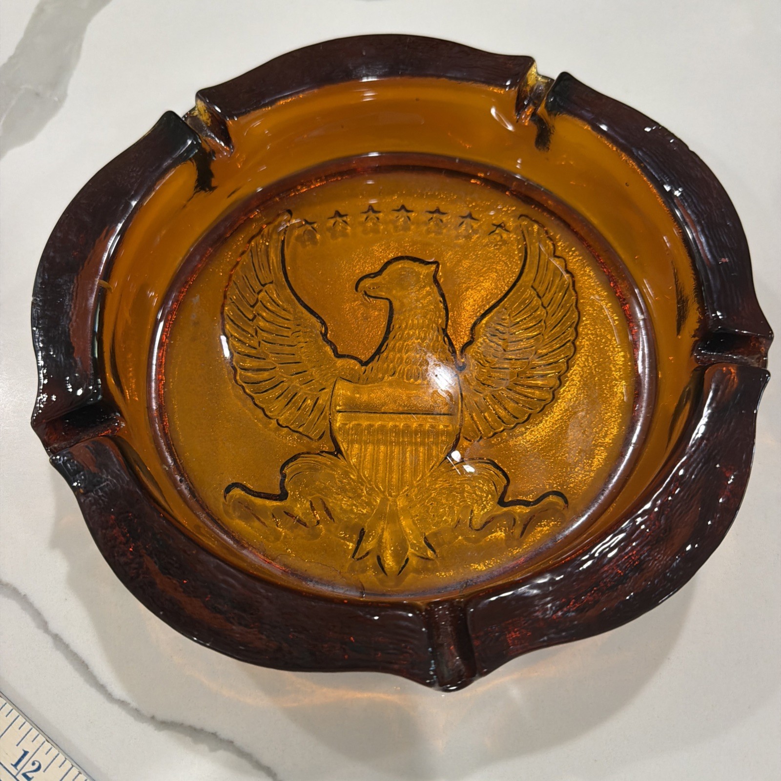 Vtg Heavy Indiana Glass Amber Ashtray Tiara Americana Eagle 10 Vtg Heavy Indiana Glass Amber Ashtray Tiara Americana Eagle 10