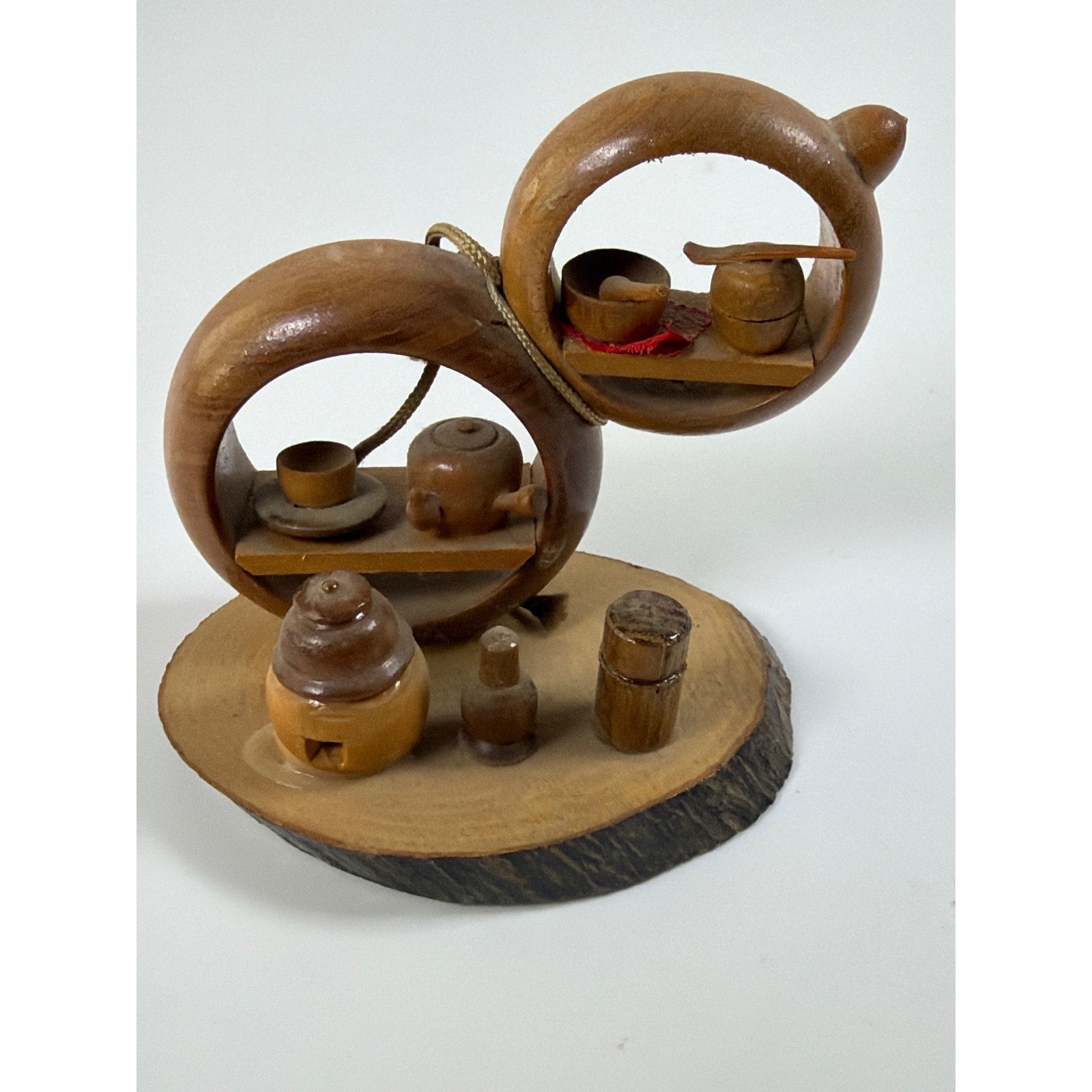 Vintage 1970 Japanese Miniature Carved Wood Tea Set Diorama Signed Made in Japan