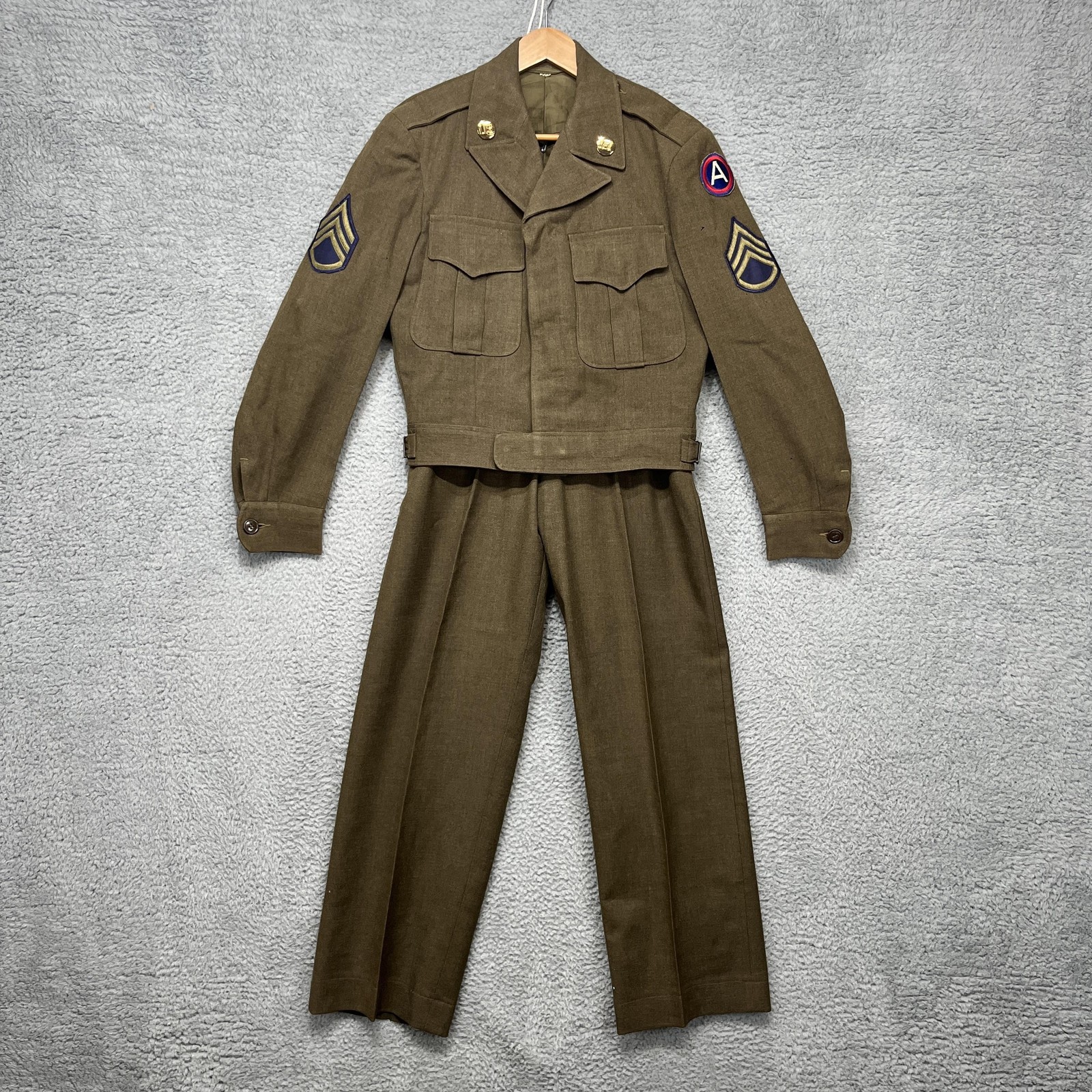 Vintage US Army Wool Ike Jacket Pants Set Mens 36R 31x33 1940s 3rd Army Uniform