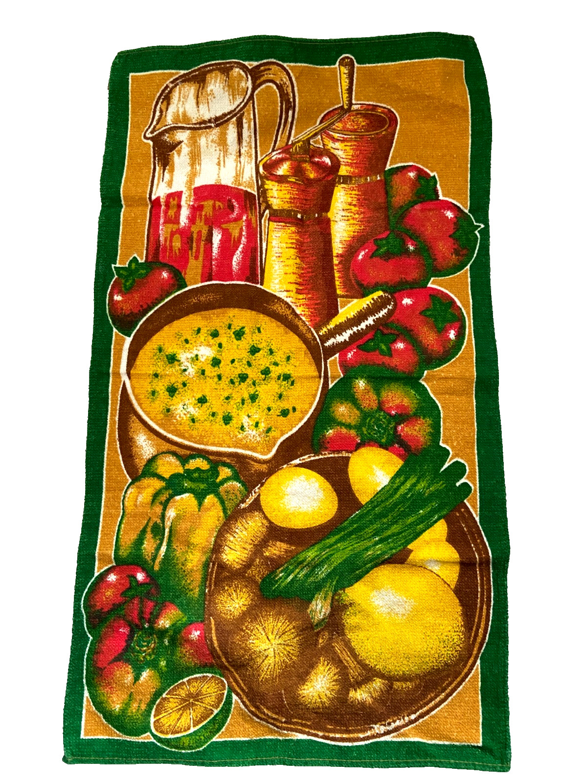 Vtg Retro MCM 70\'s Colors Cotton Kitchen Dish Towel Vegetables Soup S&P Shakers Vtg Retro MCM 70\'s Colors Cotton Kitchen Dish Towel Vegetables Soup S&P Shakers