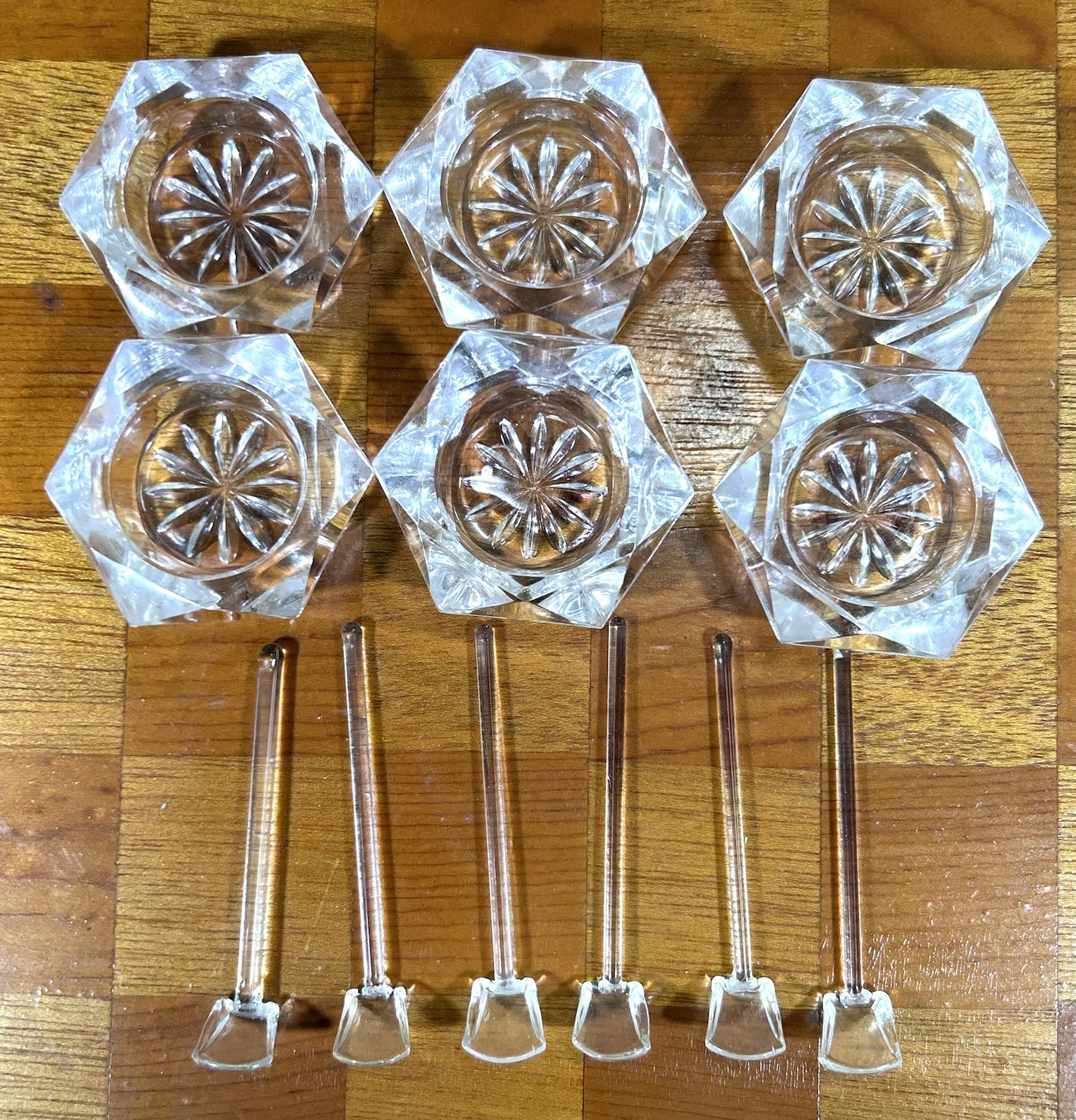 VTG Hexagon Crystal Starbust Open Salt Cellars Set Of 6 W/ Glass Shovels • Czech