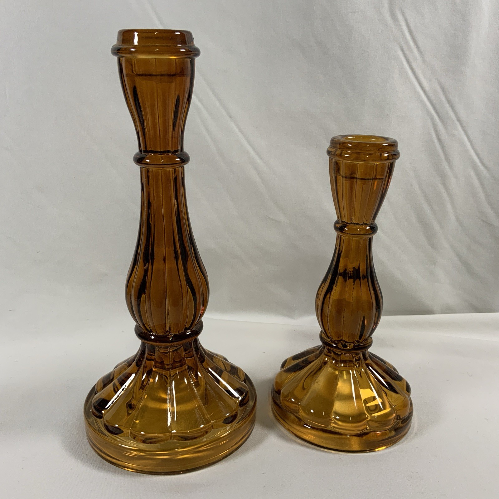 Vintage Pair of 2 Amber Glass Candlesticks by Robert Stanley 6 1/2, 8 1/2, 