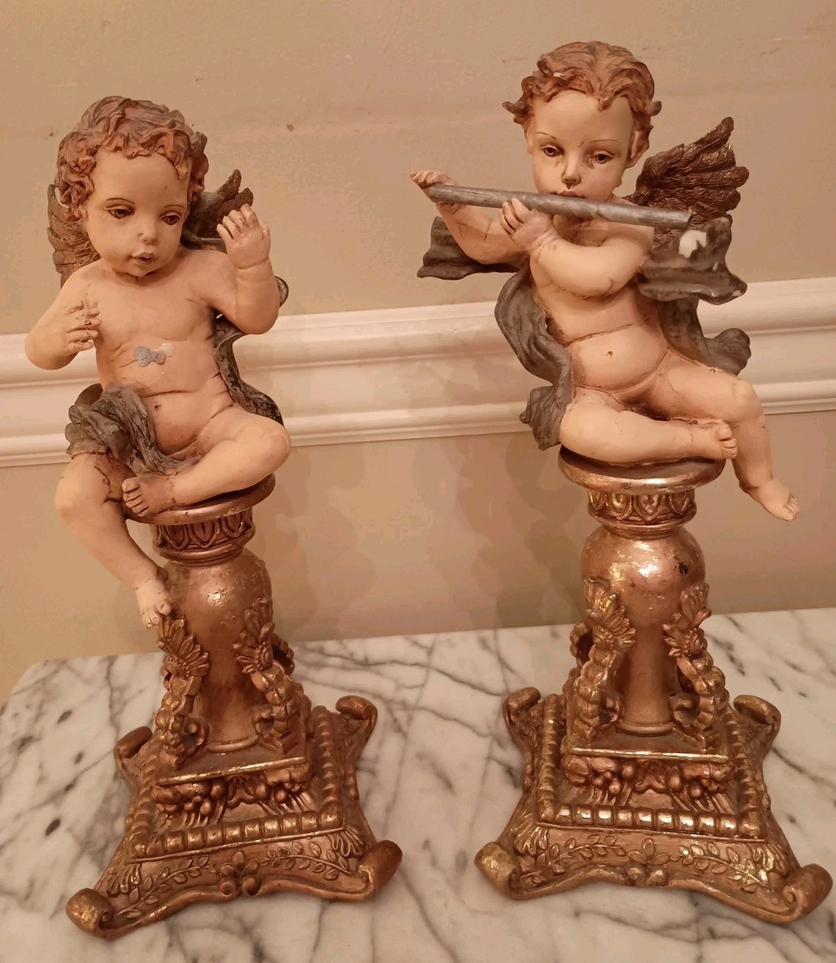 Two Antique Cherubs Putti on Gilt Metal Pedestals, Musical Instruments, 12 Two Antique Cherubs Putti on Gilt Metal Pedestals, Musical Instruments, 12