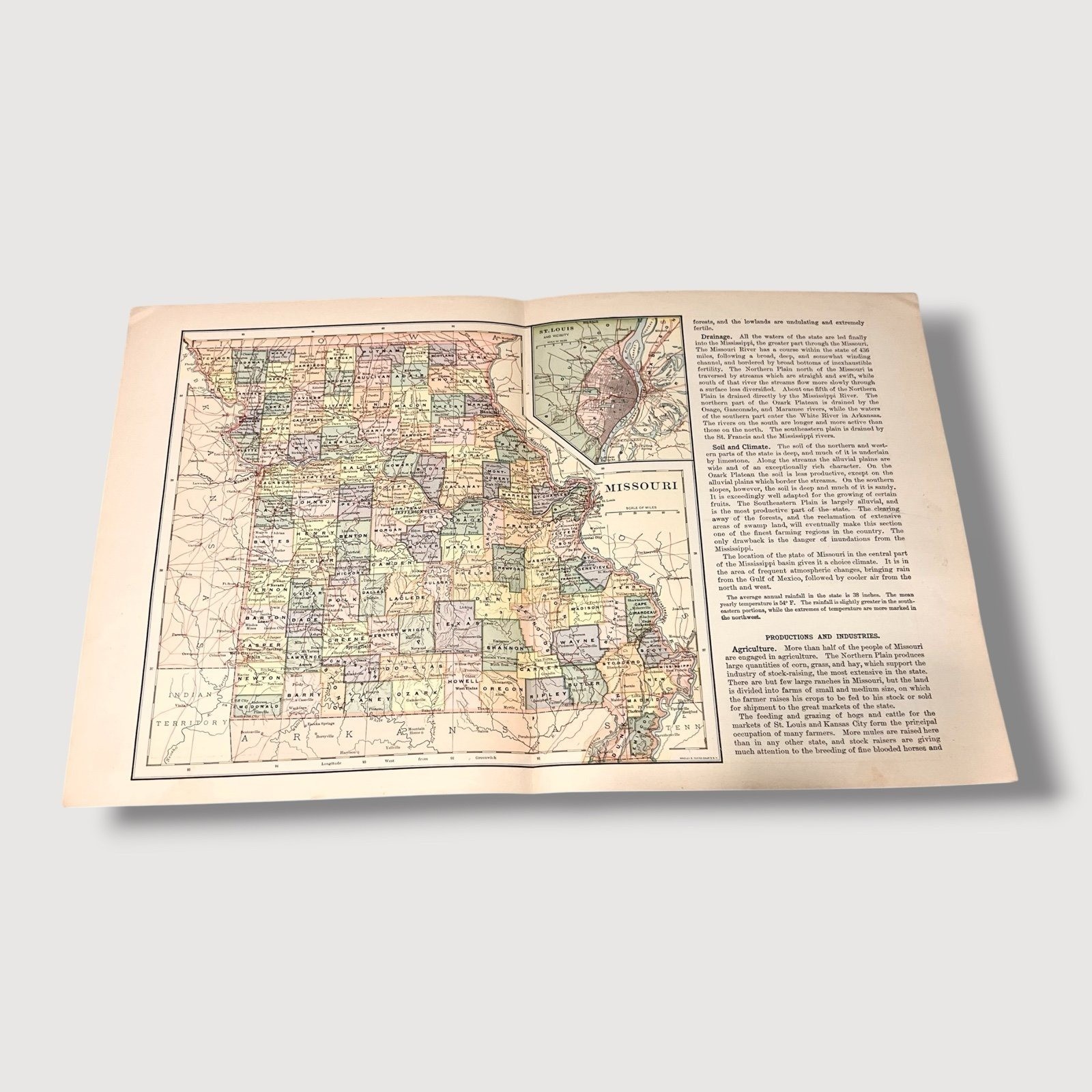 Antique 1896 Geography of Missouri Double Page Atlas Map AB