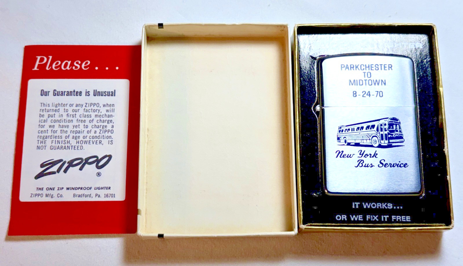 Vintage Zippo Lighter NYC Bus Service in Orginal Box Never Fired Used 8-24-1970 Vintage Zippo Lighter NYC Bus Service in Orginal Box Never Fired Used 8-24-1970
