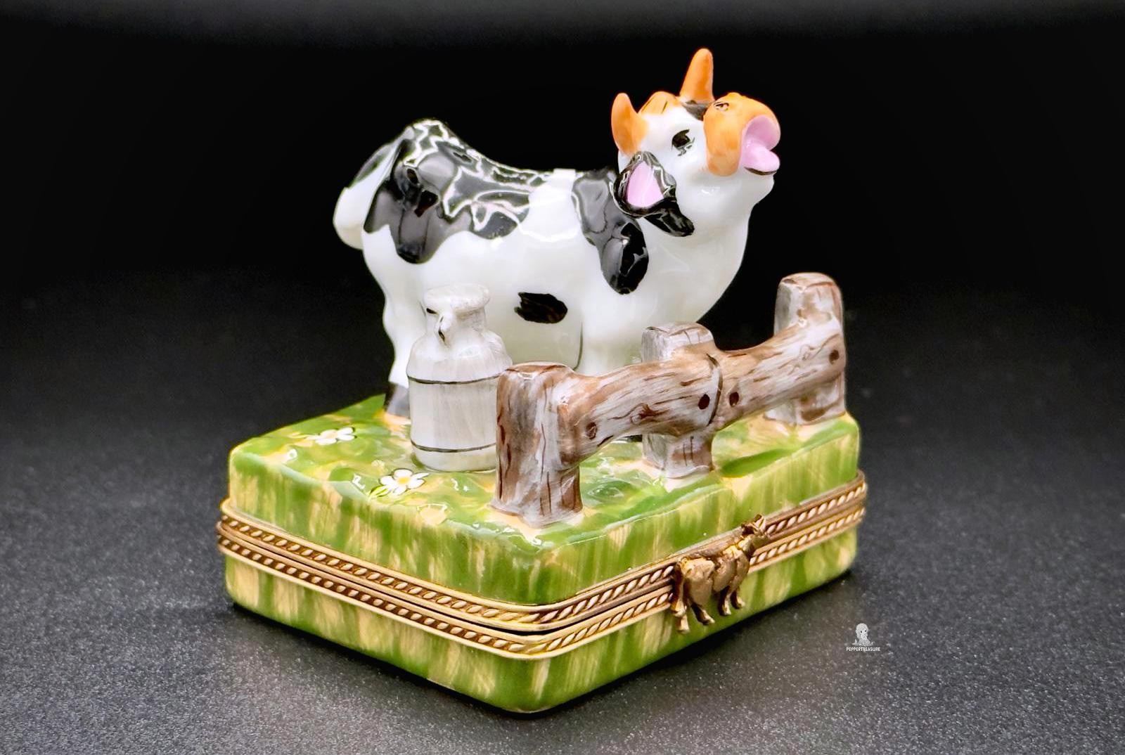 Limoges France Peint Main Trinket Box Cow Milk Can Farm Hand Painted Hinged 