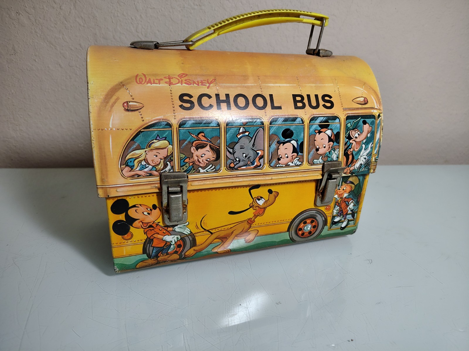 Vintage 1960s Walt Disney School Bus Metal Lunch Box.
