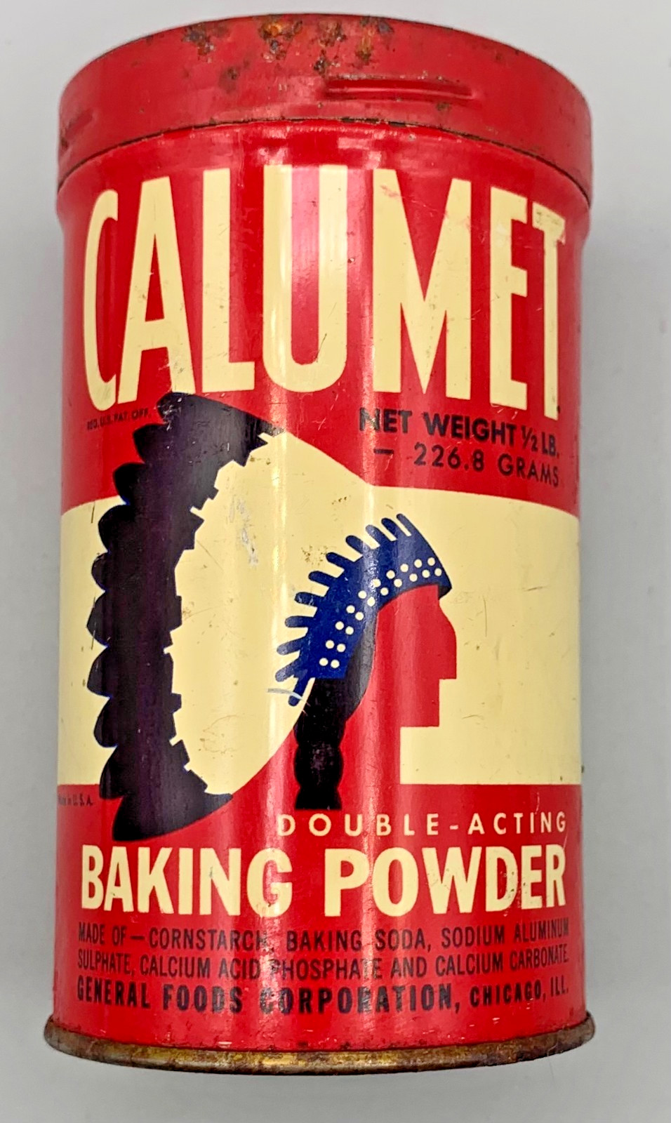 Vintage Calumet Baking Powder Tin 1/2 lb General Foods Native American Graphic Vintage Calumet Baking Powder Tin 1/2 lb General Foods Native American Graphic
