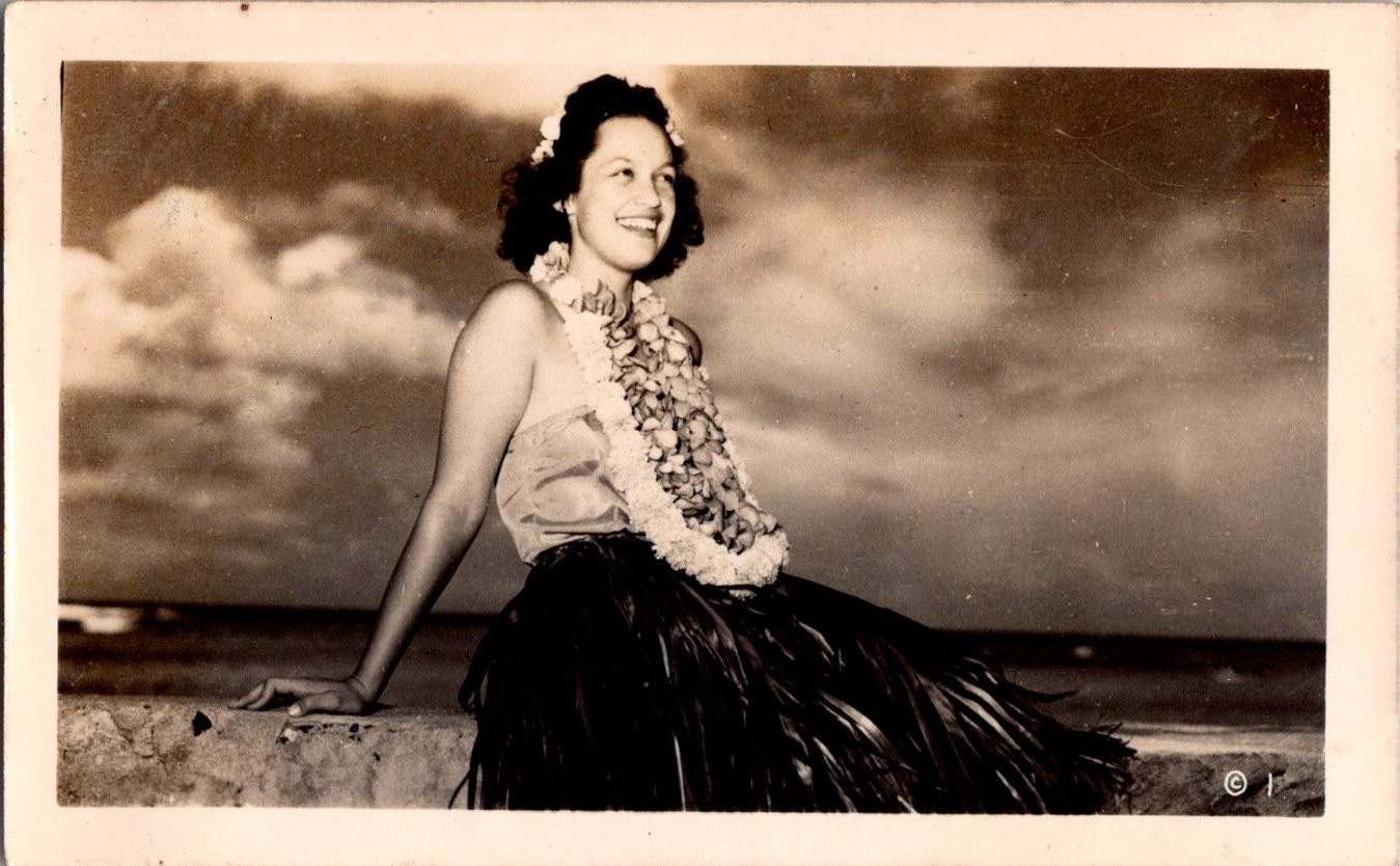 Vintage Hawaiian Woman Hula Dancer Lei Photograph Sepia Tone 1940s Beach Scene Vintage Hawaiian Woman Hula Dancer Lei Photograph Sepia Tone 1940s Beach Scene
