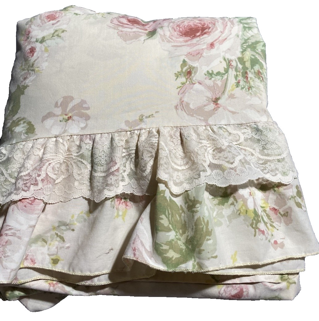 Bill Blass Sheet Set Windermere Lace Ruffle Cabbage Roses Cottage Country Ivory
