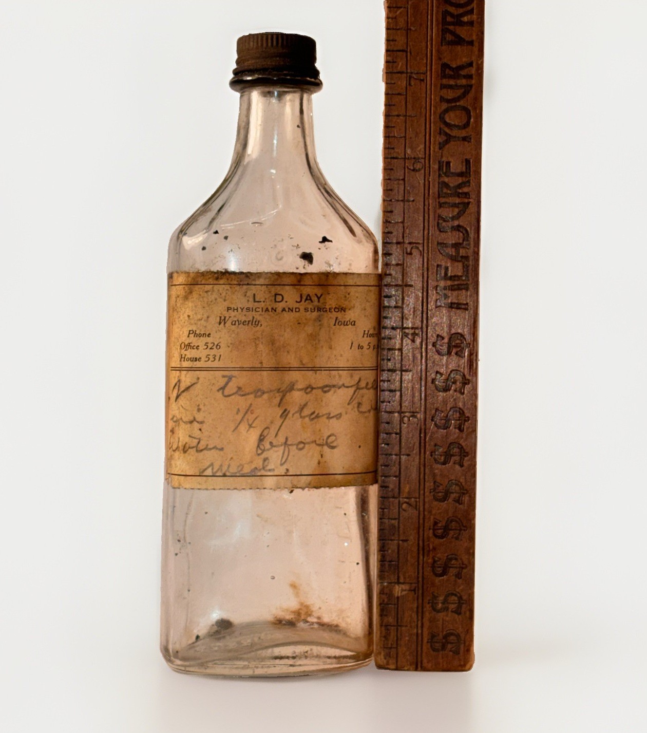 ANTIQUE WAVERLY IOWA PAPER LABEL DRUGSTORE PHARMACY MEDICINE BOTTLE LD JAY 1930S