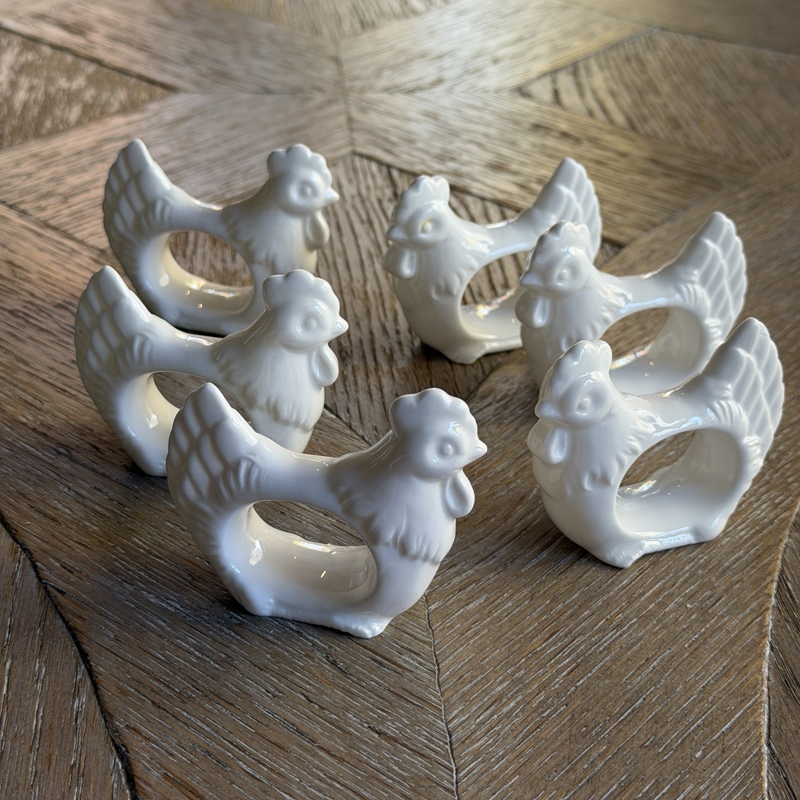 Vtg White Bone China Chicken Napkin Rings - Set of 6 - Farmhouse Table Decor