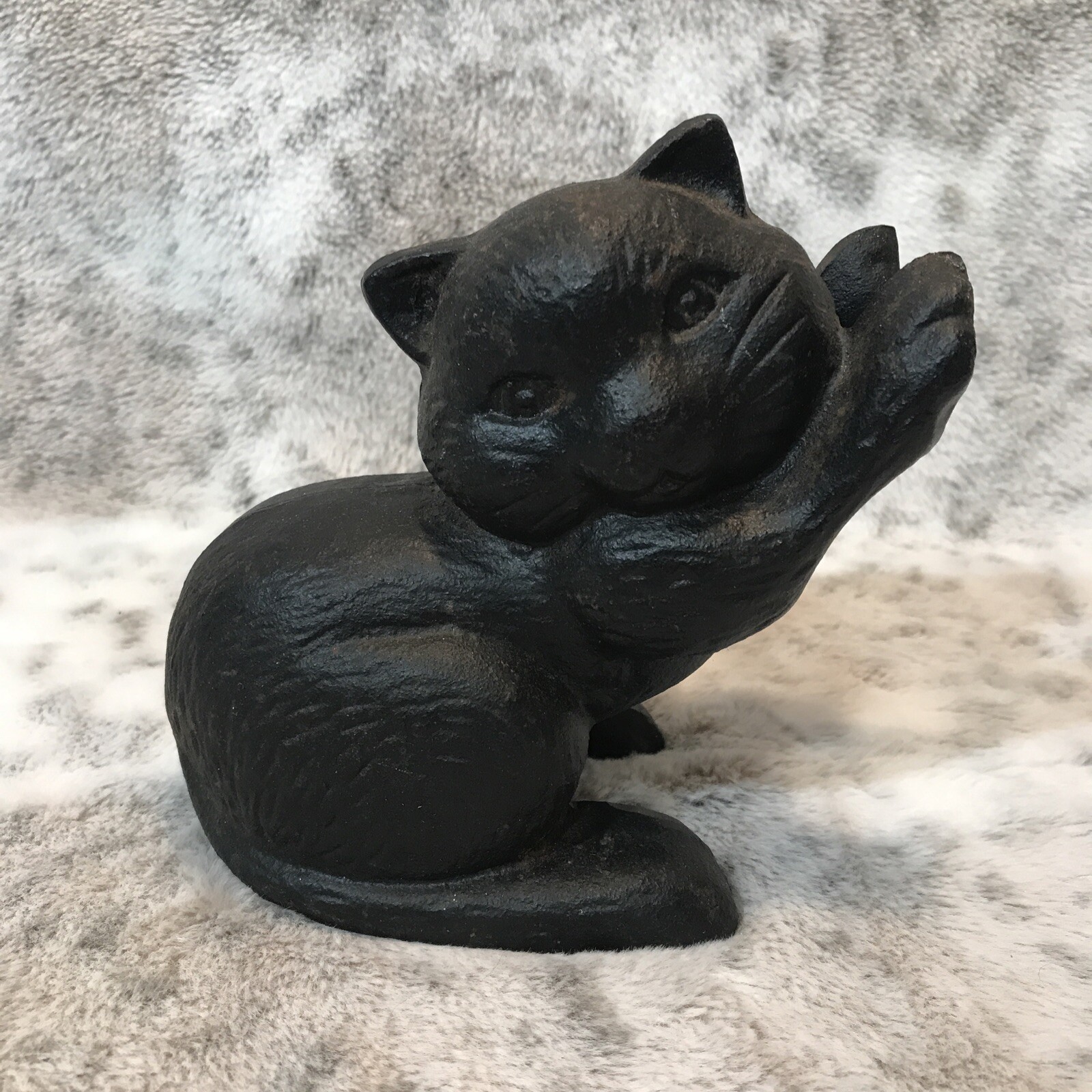 Vtg Cast Iron Cat Door Stop Kitten Standing Paws Holder Book End Black Antique