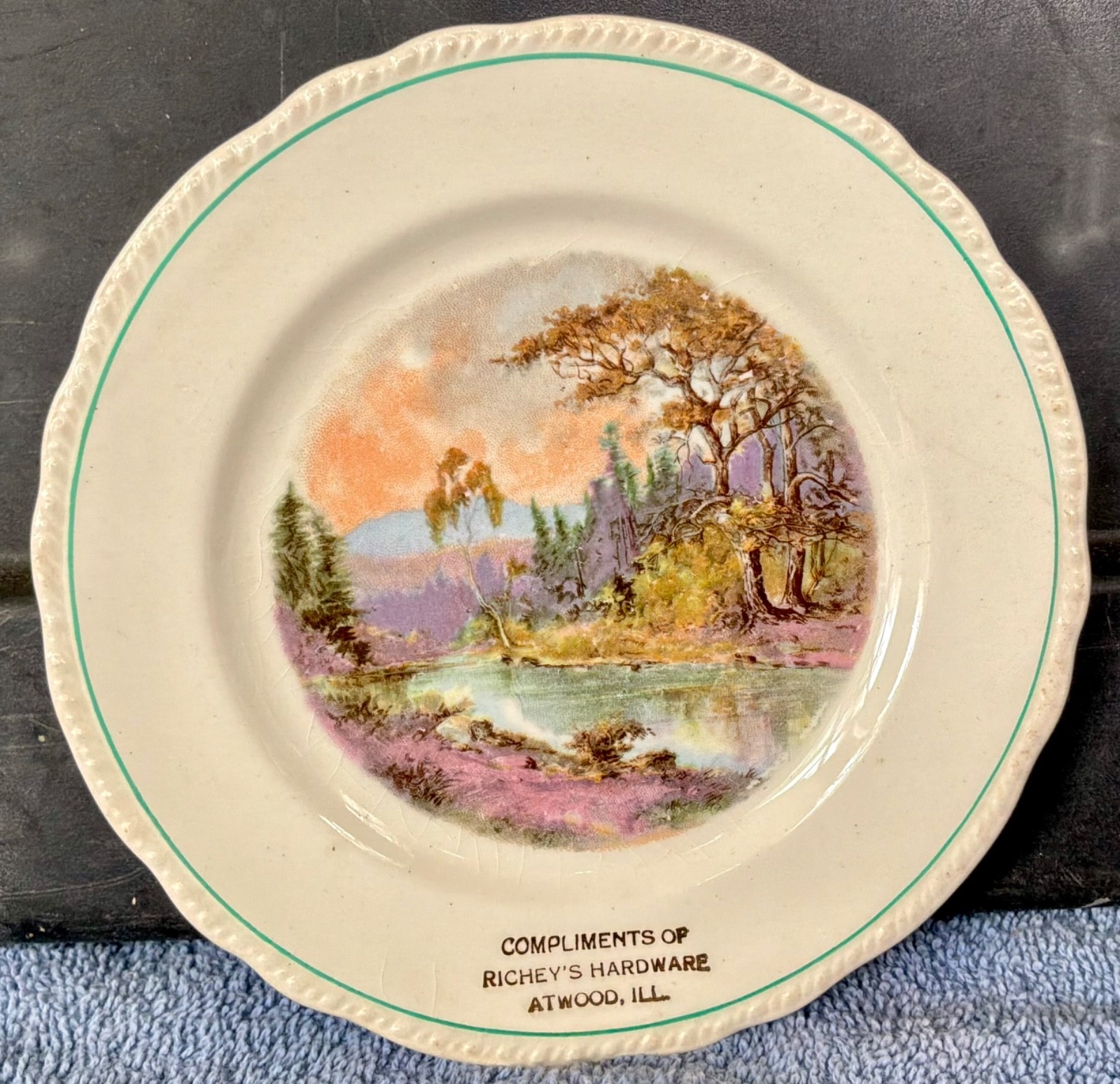 antique RICHEYS HARDWARE old ATWOOD Illinois/ILL/IL Harker China SOUVENIR PLATE