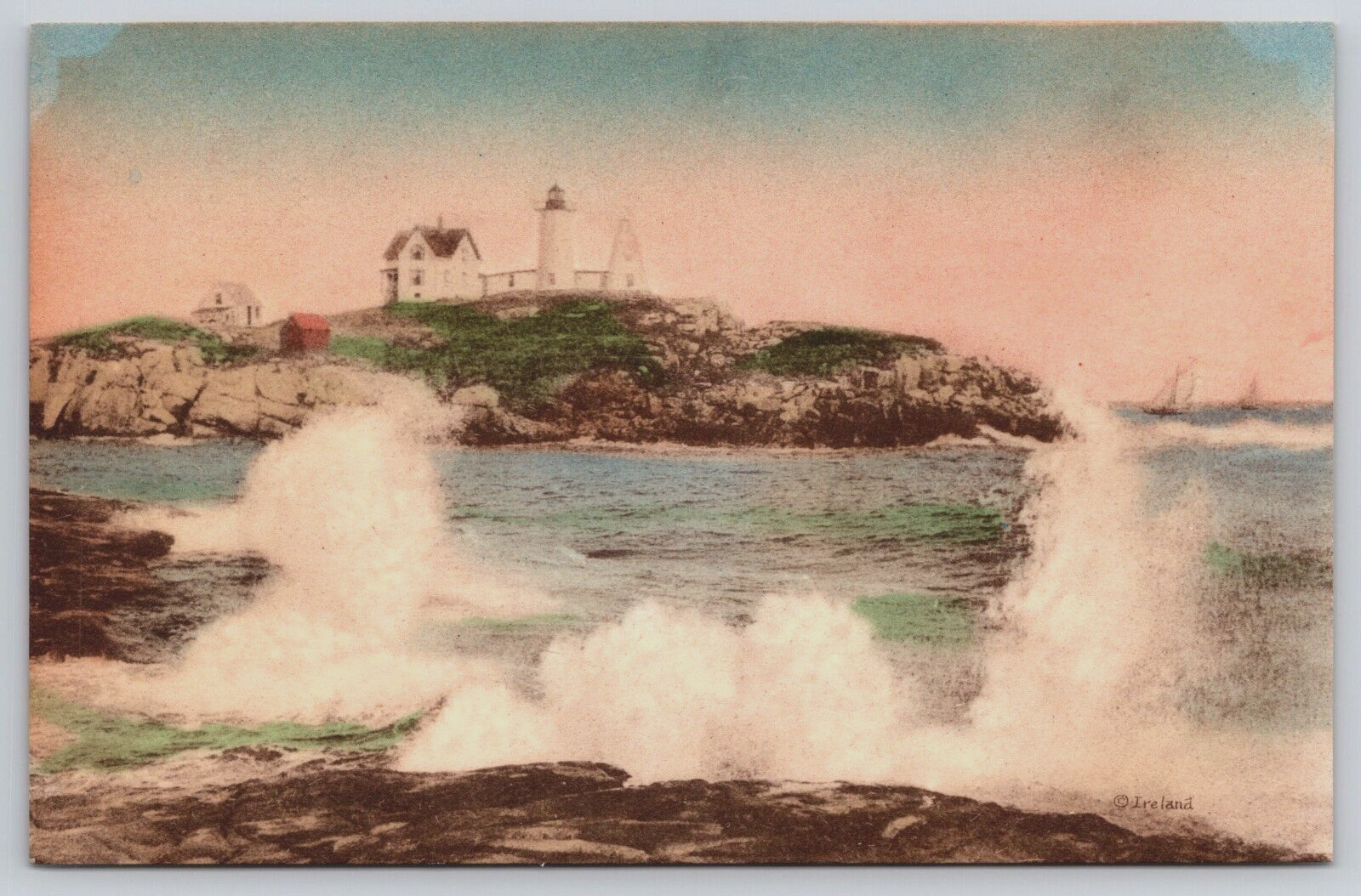 Nubble Light Lighthouse Ogunquit Beach Maine ME Hand Colored Postcard C16
