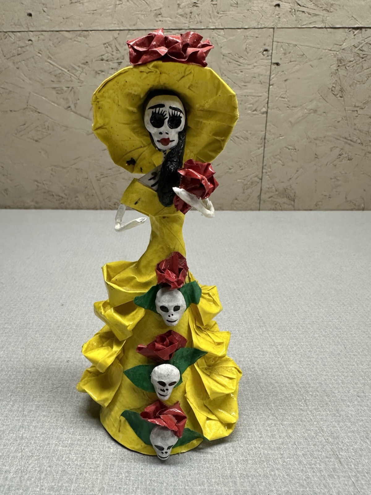 Handcrafted Papier-Mache La Catrina Figurine Wearing Yellow Dress Small Skulls Handcrafted Papier-Mache La Catrina Figurine Wearing Yellow Dress Small Skulls