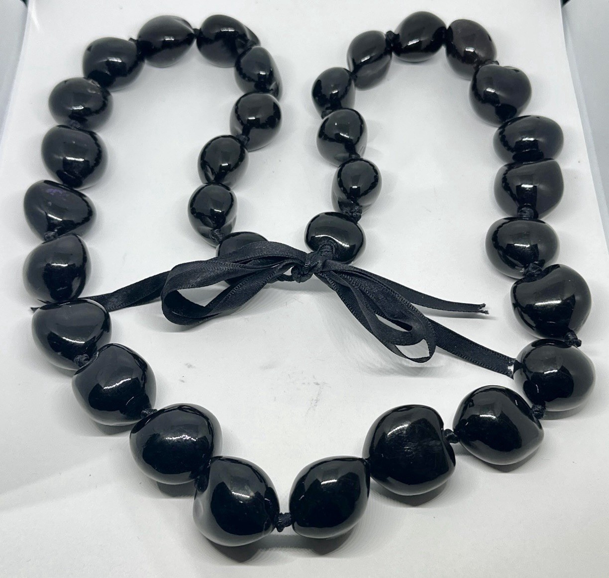Black Kukui Nut Hawaiian Lei Polynesian Necklace Ribbon Tie 34”